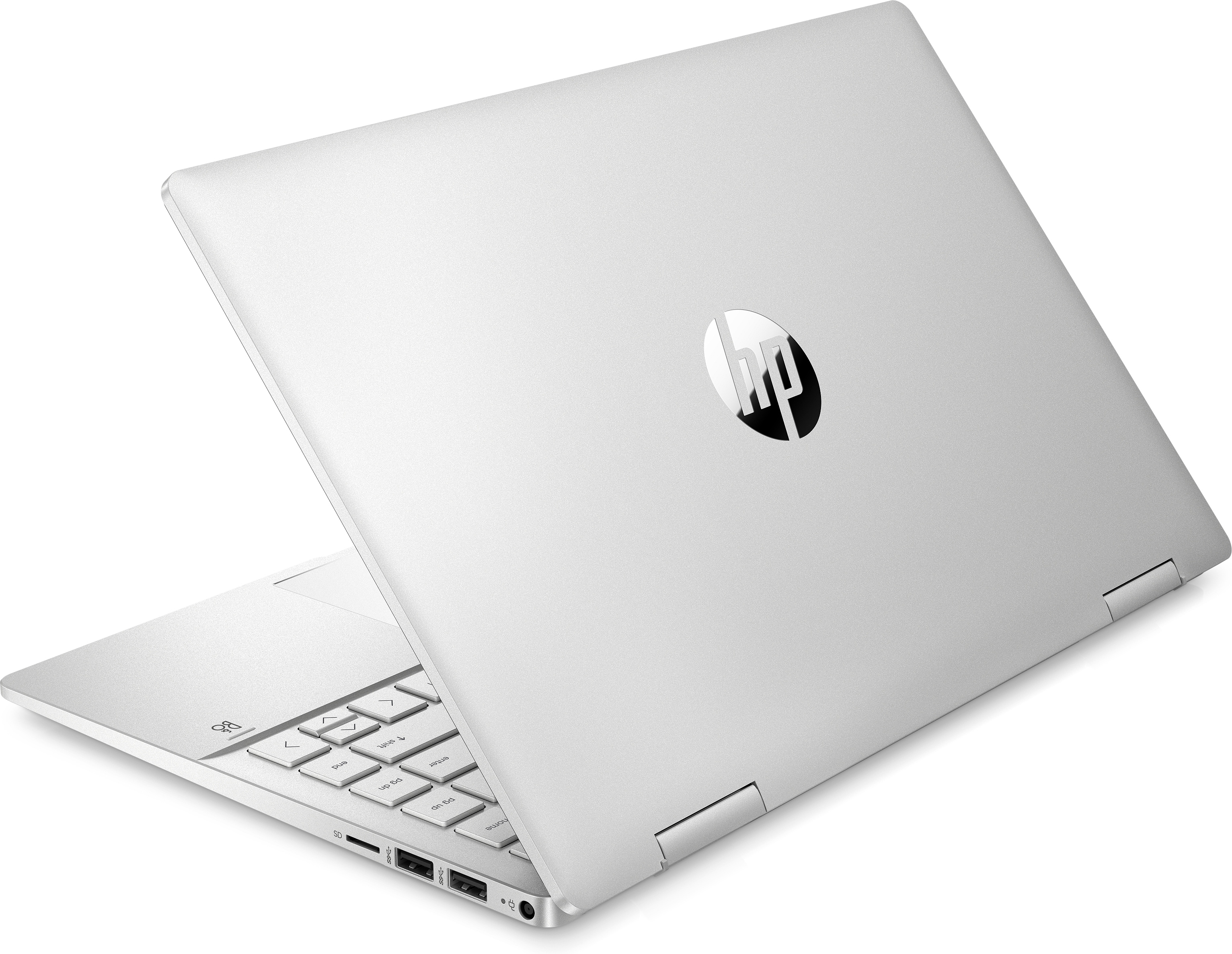 Srebrny laptop z częściowo otwartym ekranem i widocznym logo HP.