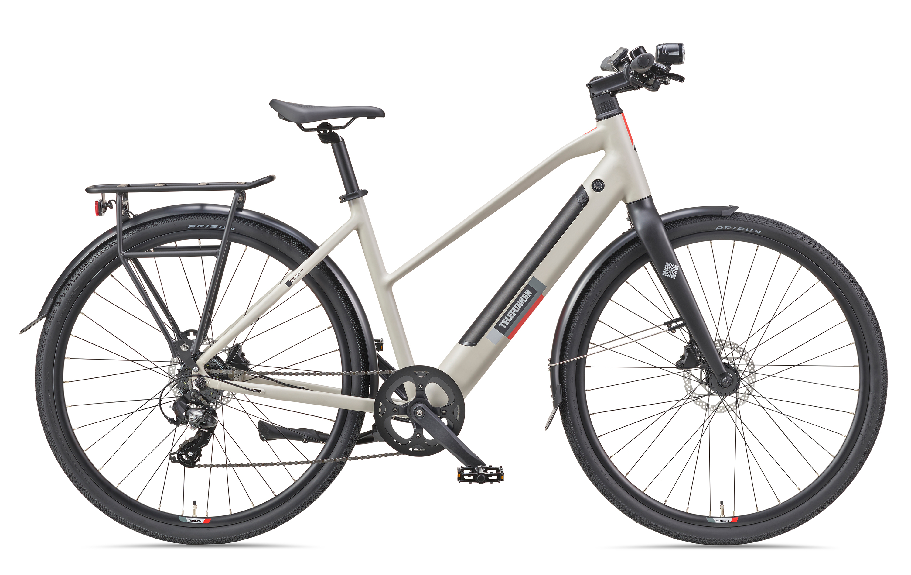 Ein hellgraues Elektrofahrrad mit schwarzen Reifen und einem schwarzen Gepäckträger. Der Rahmen ist auch hellgrau.