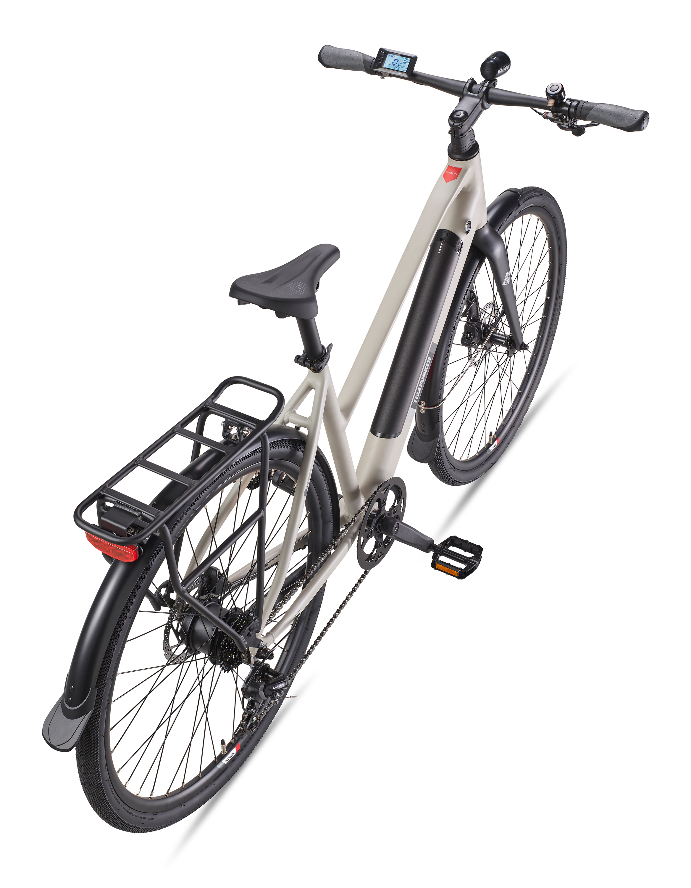Ein Elektrofahrrad von oben gesehen. Es ist hellgrau und hat schwarze Räder.