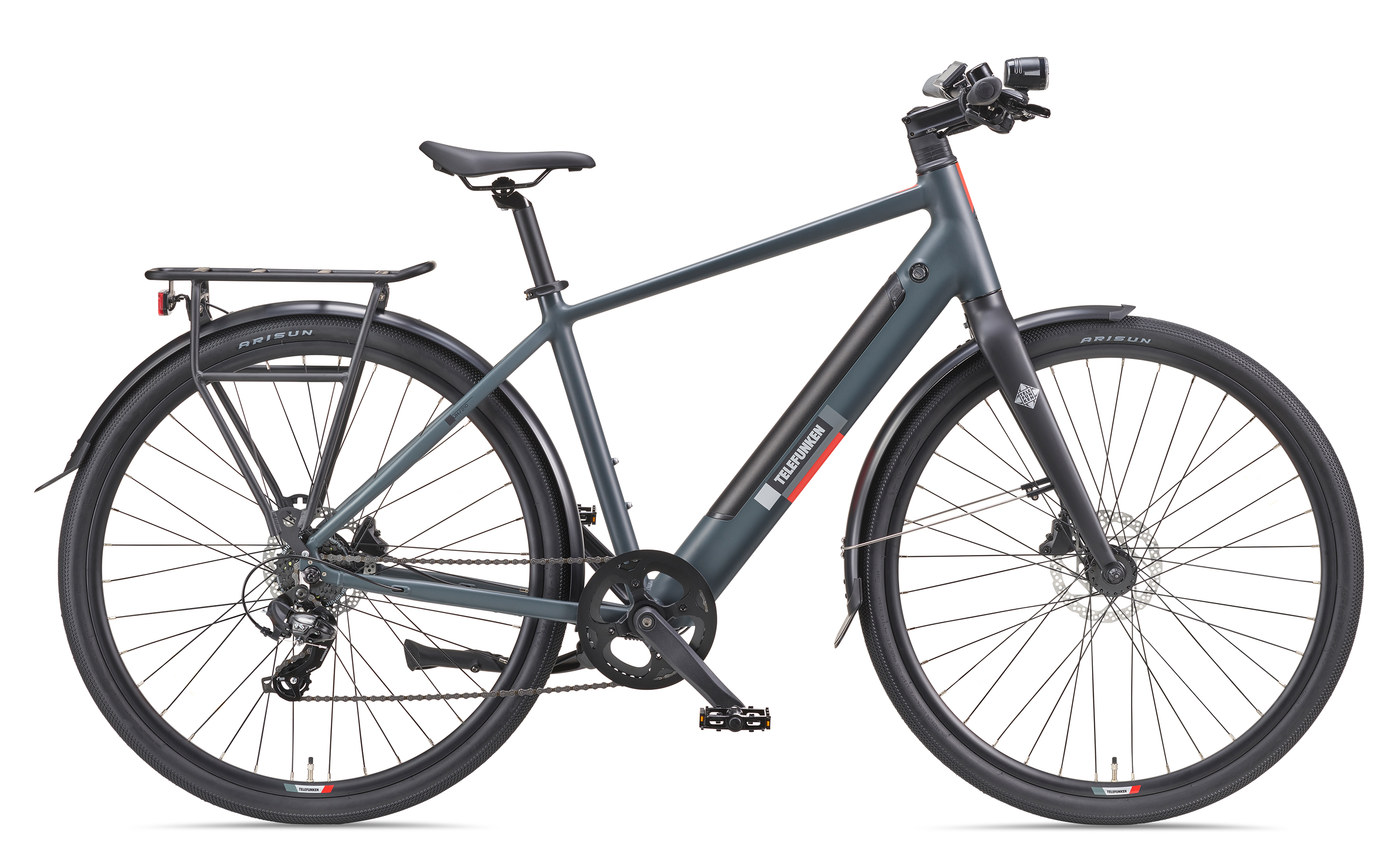Graues Elektrofahrrad, Seitenansicht, auf weißem Hintergrund. Schwarze Reifen und Details.