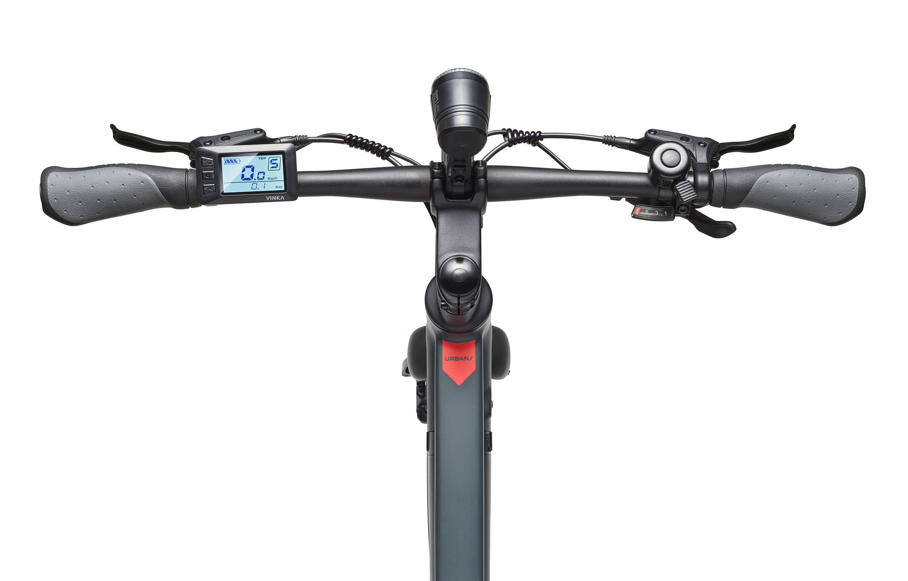 Draufsicht auf einen E-Scooter-Lenker mit Display.