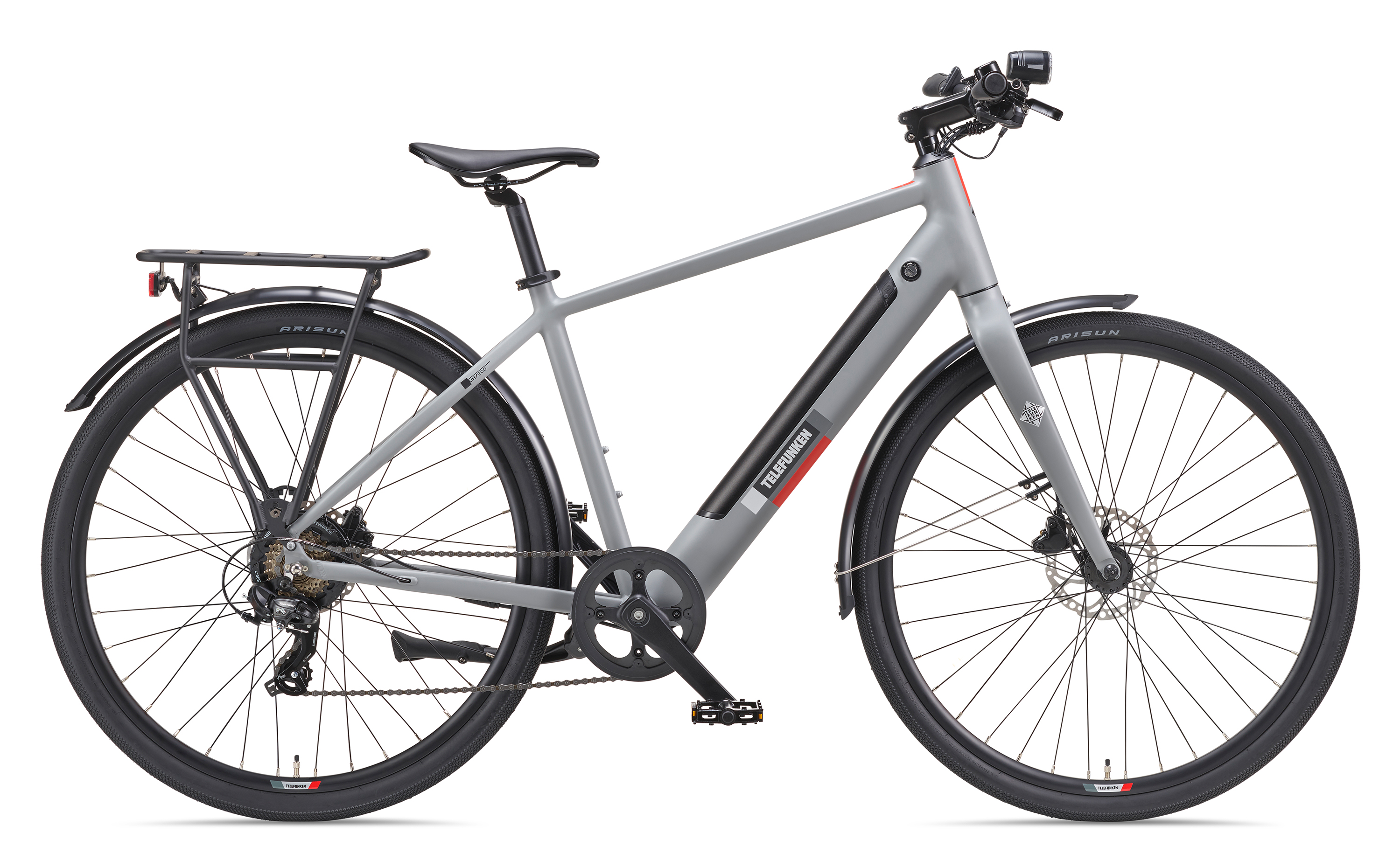 Graues Elektrofahrrad. Es hat schwarze Reifen, einen Gepäckträger und das Label 'RIKSUN'.