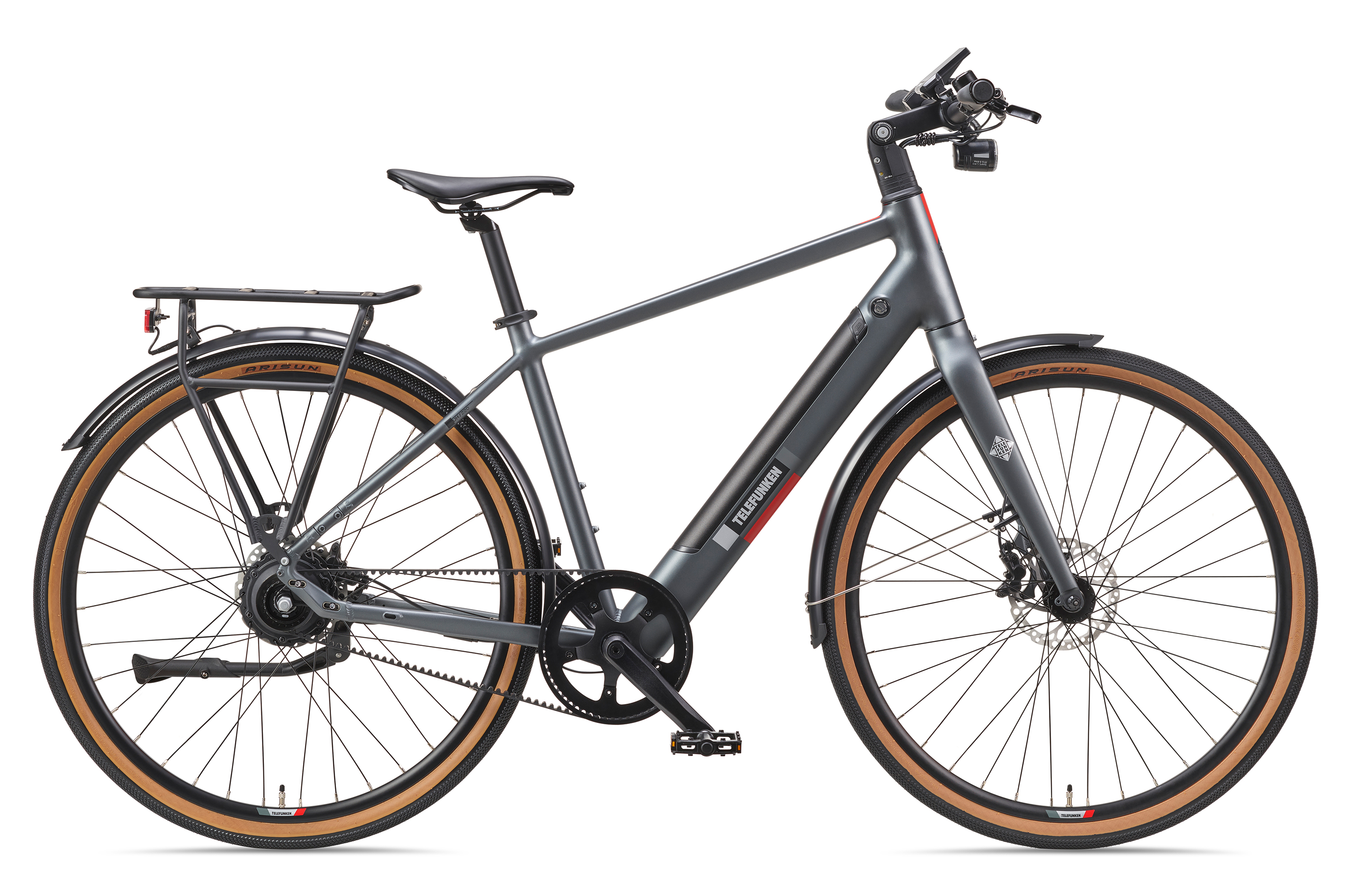 Graues Elektrofahrrad auf weißem Hintergrund. Es hat braune Reifen und einen schwarzen Rahmen.