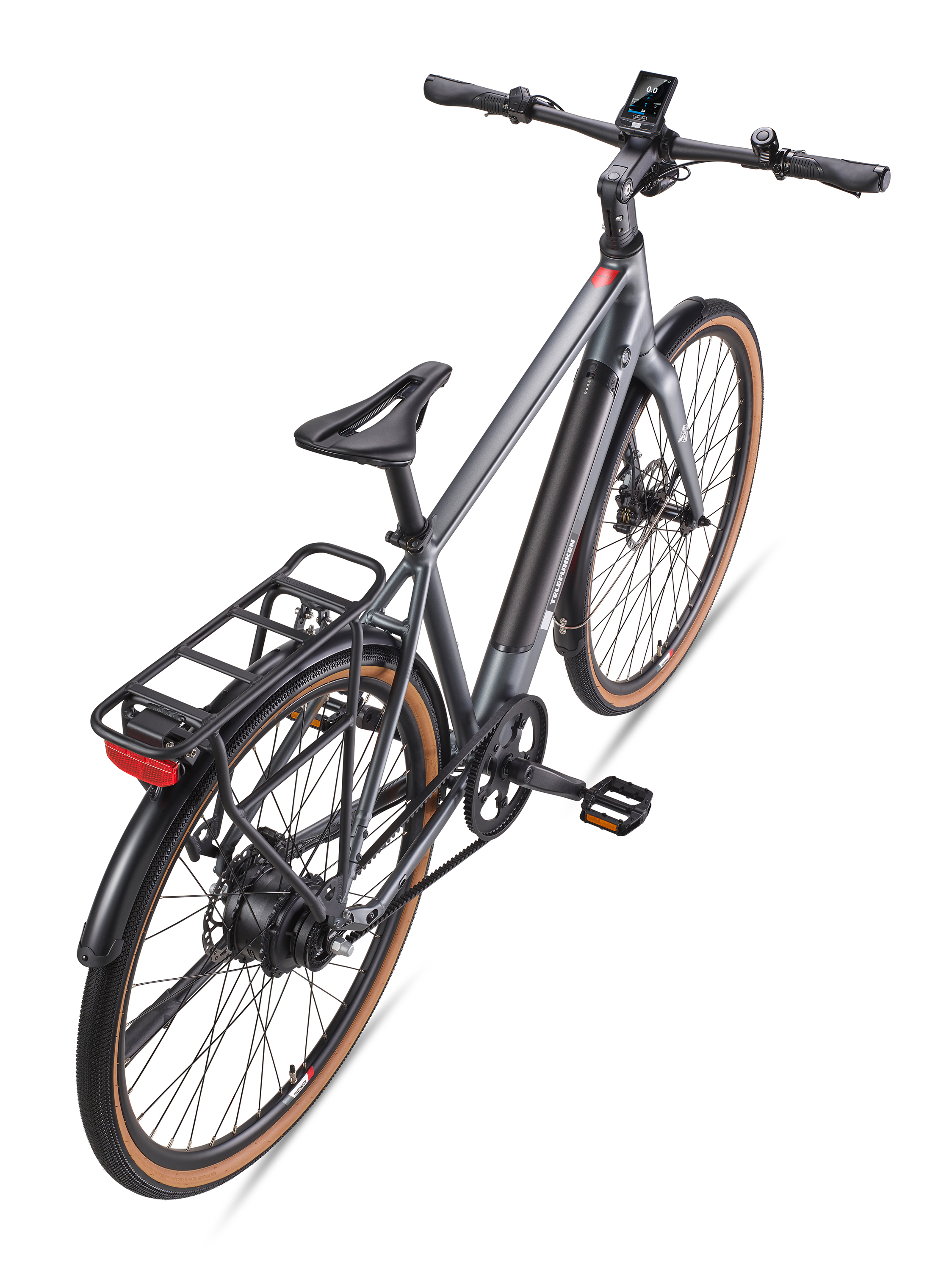 Graues Elektrofahrrad von oben, mit braunen Reifen, schwarzem Gepäckträger, weißer Hintergrund.