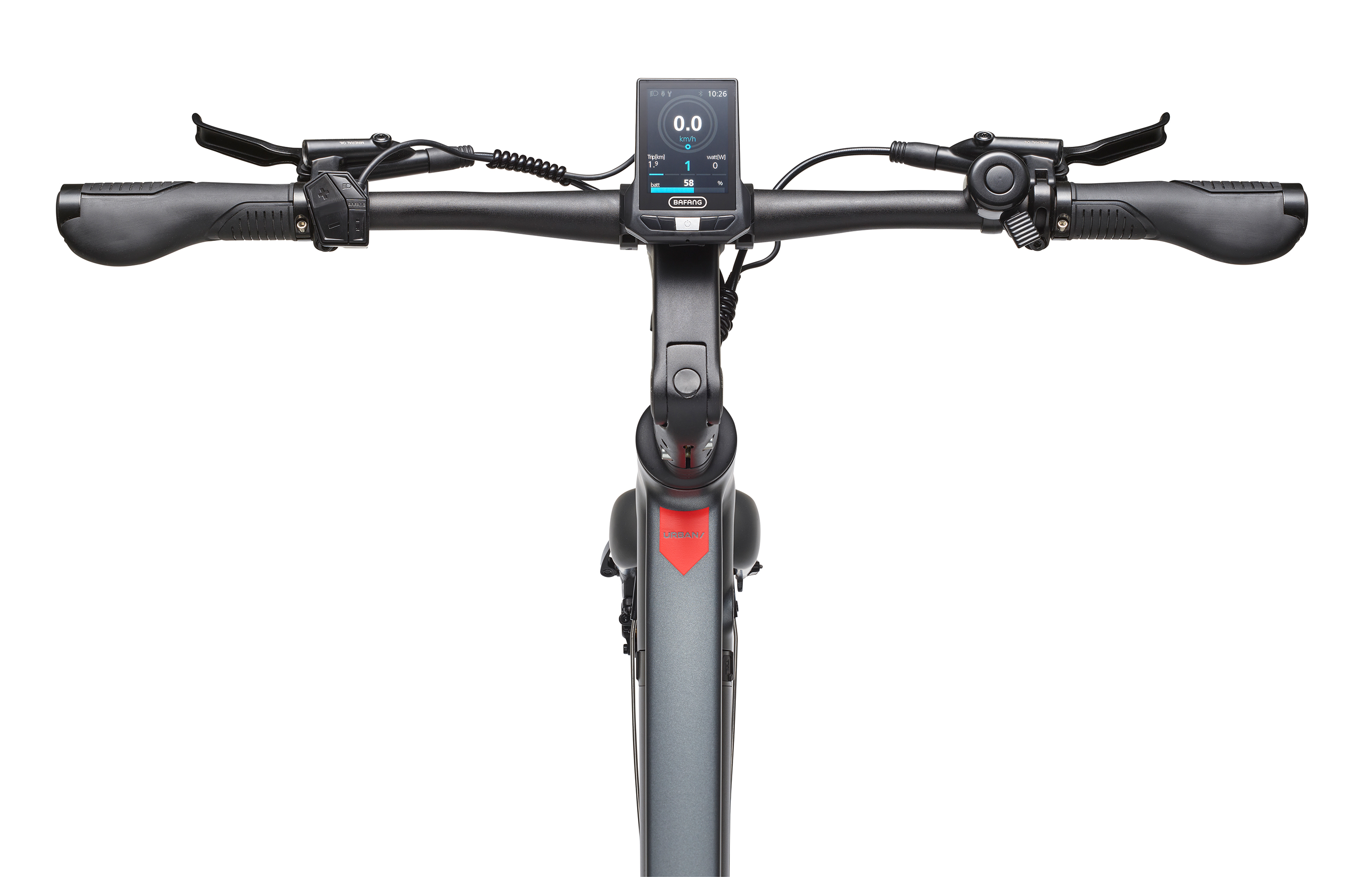 Lenker eines Elektrofahrrads. Zeigt Geschwindigkeit und andere Fahrinformationen an.