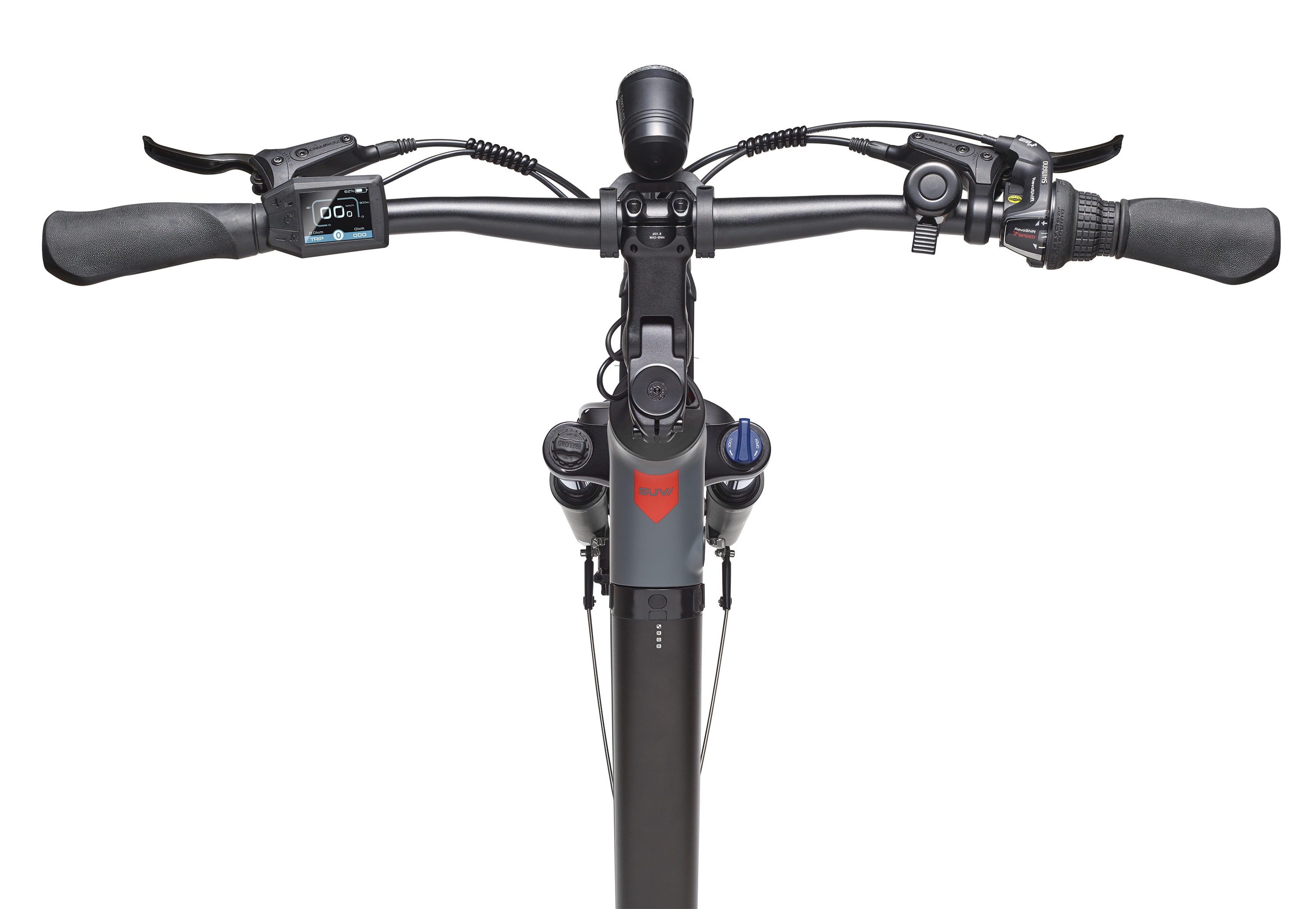 Draufsicht auf Fahrradlenker. Er hat ein Display und Bedienelemente, auf weißem Hintergrund.