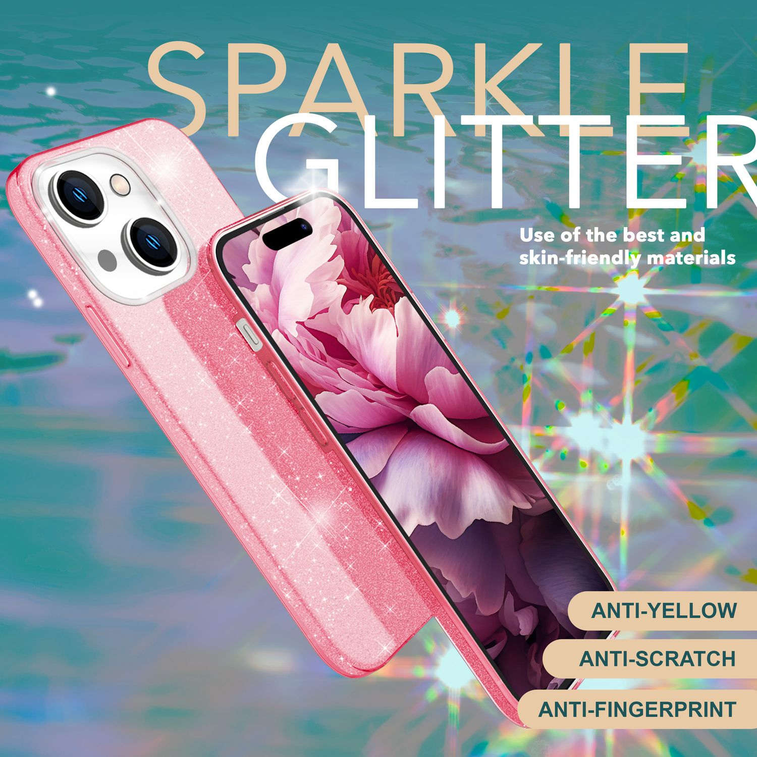 Rosa Glitzer-Handyhülle mit Telefon darin. Text: Sparkle Glitter.