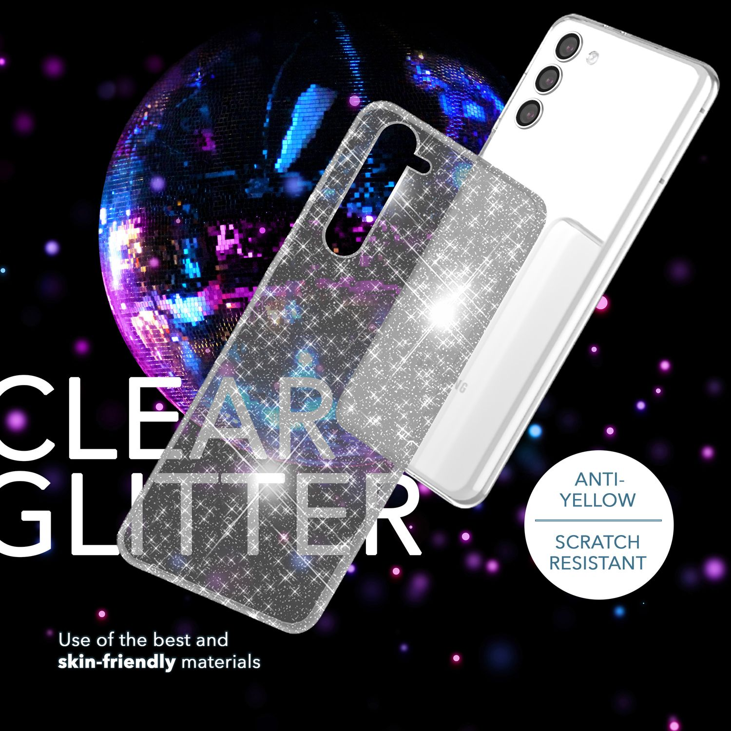 Telefonhülle mit Glitzer. Eine transparente Hülle bedeckt ein weißes Telefon. Text lautet CLEAR GLITTER.