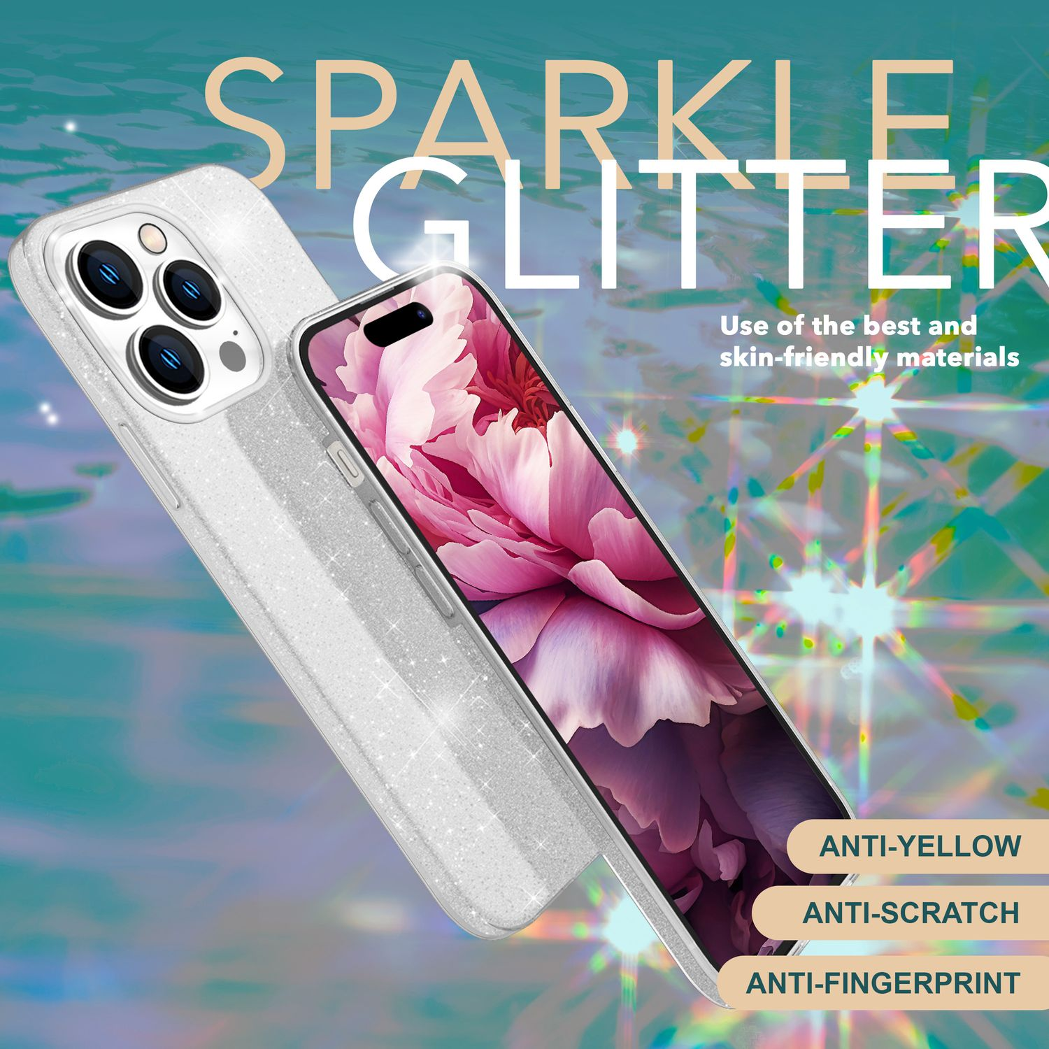 Glitzer-Handyhüllen, eine zeigt ein Handy mit floralem Bild. Anti-Gelb, Kratzer- und Fingerabdruck-Labels.