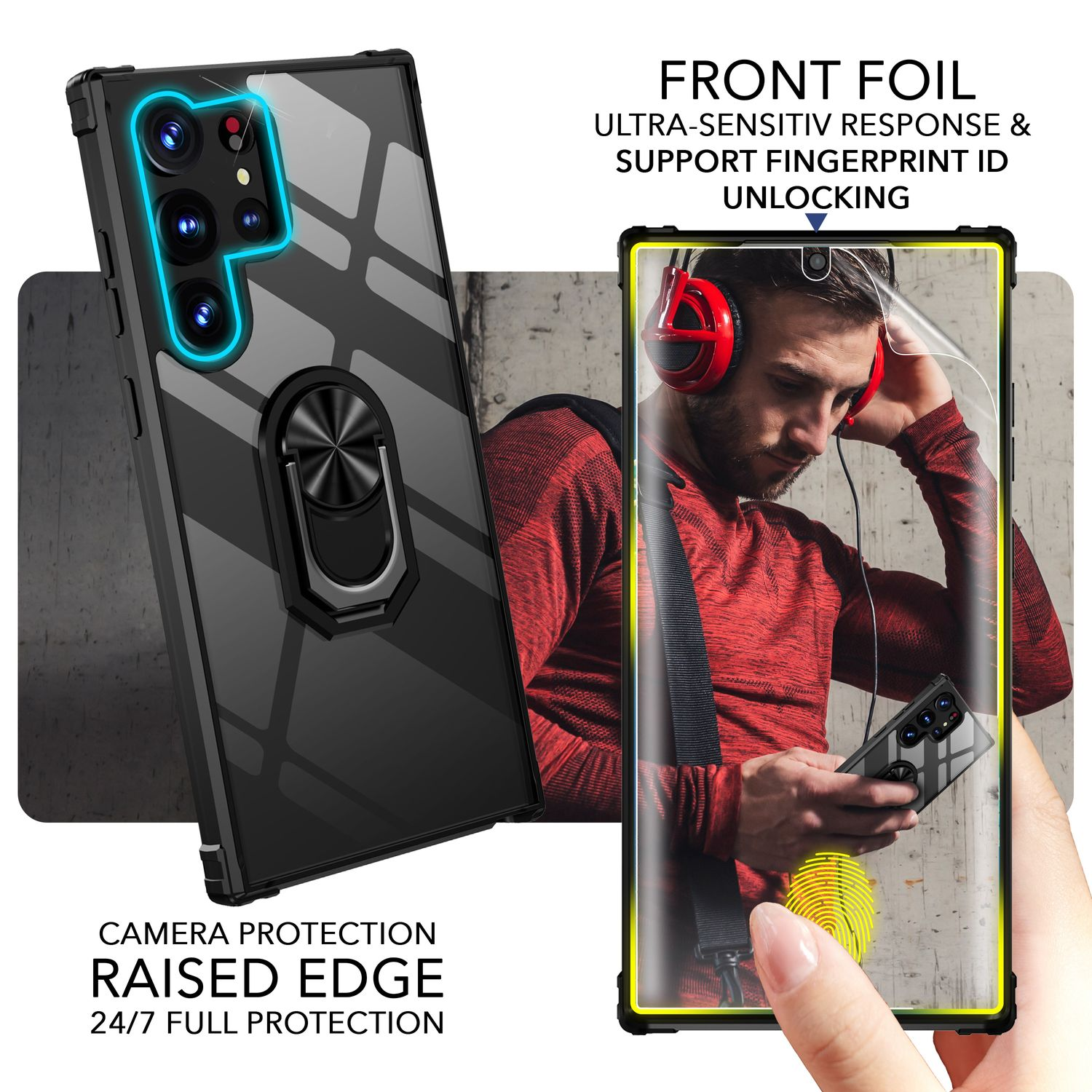 Ein Telefon mit einer durchsichtigen Hülle und ein Mann, der ein Telefon mit einem Finger auf dem Bildschirm hält.