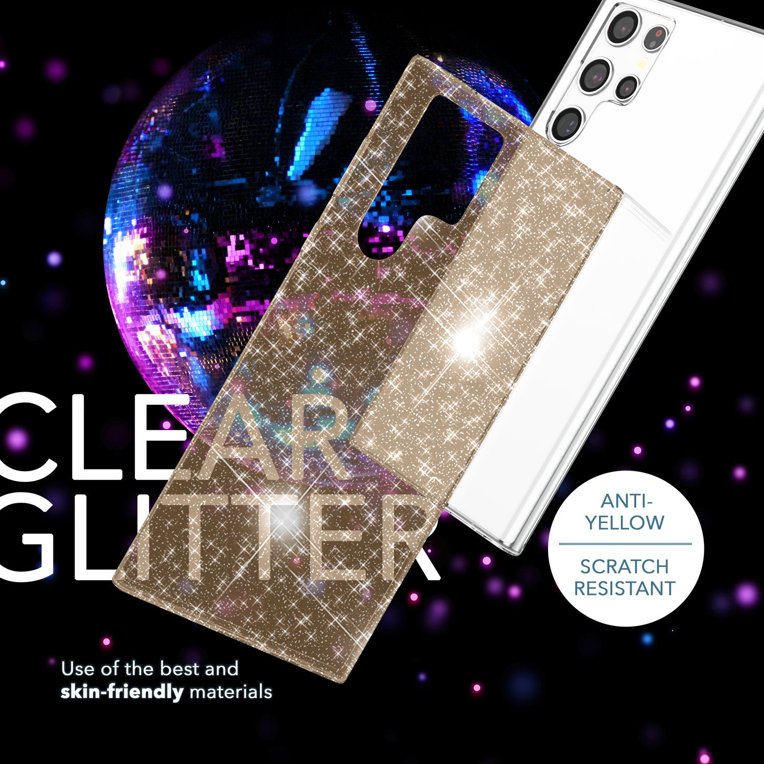 Transparente Glitzer-Handyhülle auf weißem Telefon, mit Discokugel und Text 'CLEAR GLITTER'.
