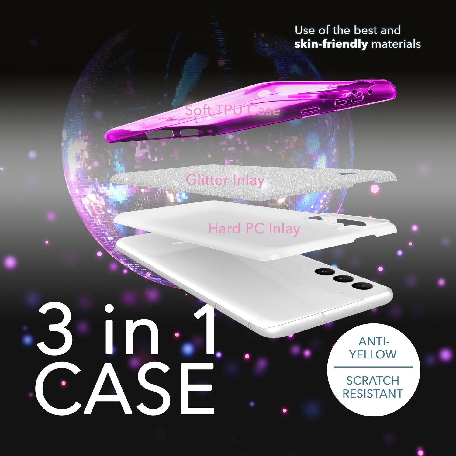 Explosionsansicht einer Handyhülle mit Schichten: Soft TPU, Glitzer-Inlay, Hart-PC-Inlay.