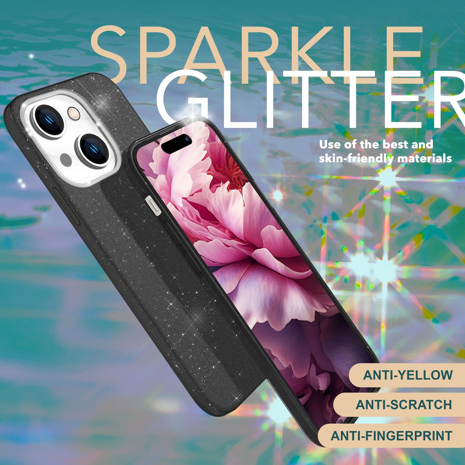 Zwei Handyhüllen mit Glitzer, eine auf einem Handy mit floralem Bild und Text.