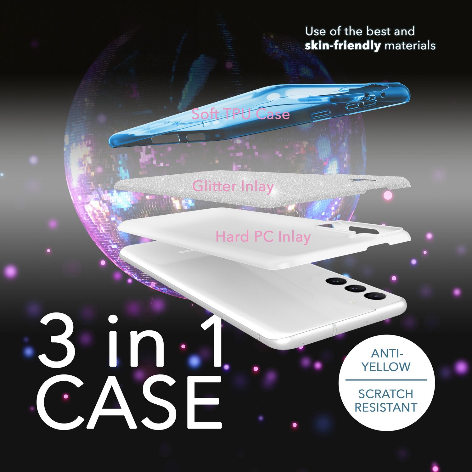 3-in-1-Handyhülle, die Schichten zeigt: weiches TPU, Glitzer-Inlay und hartes PC-Inlay.