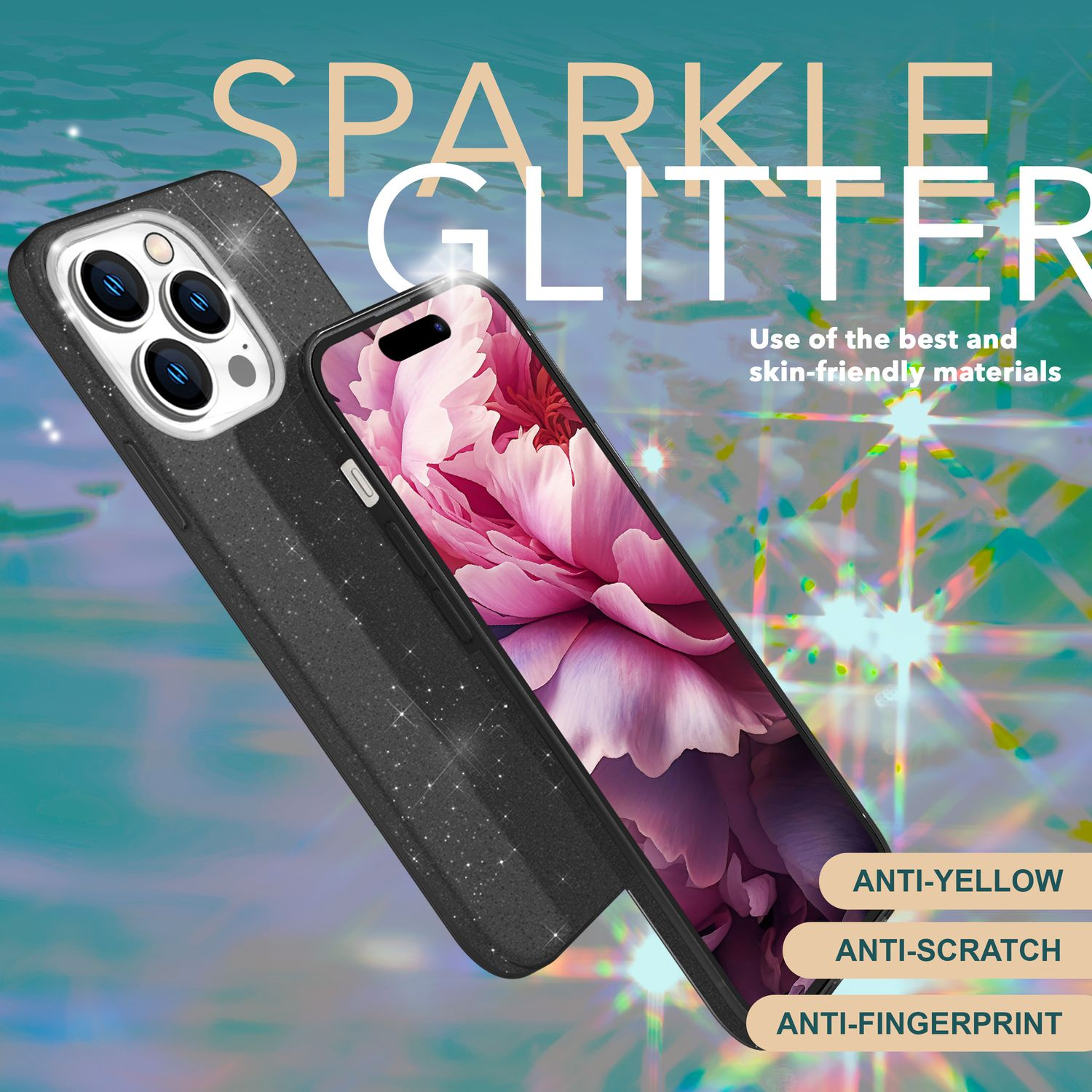 Handyhülle mit Glitzer, Funkeln. Zwei Hüllen werden gezeigt. Anti-Gelb, Kratzer, Fingerabdruck-Etiketten.