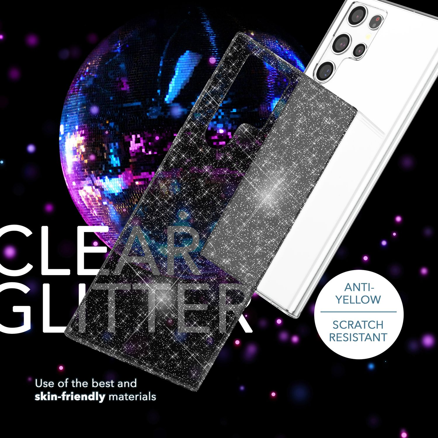 Telefon und Hülle, transparente Glitzerhülle mit Text, Telefon mit Anti-Gelb- und kratzfester Beschriftung.