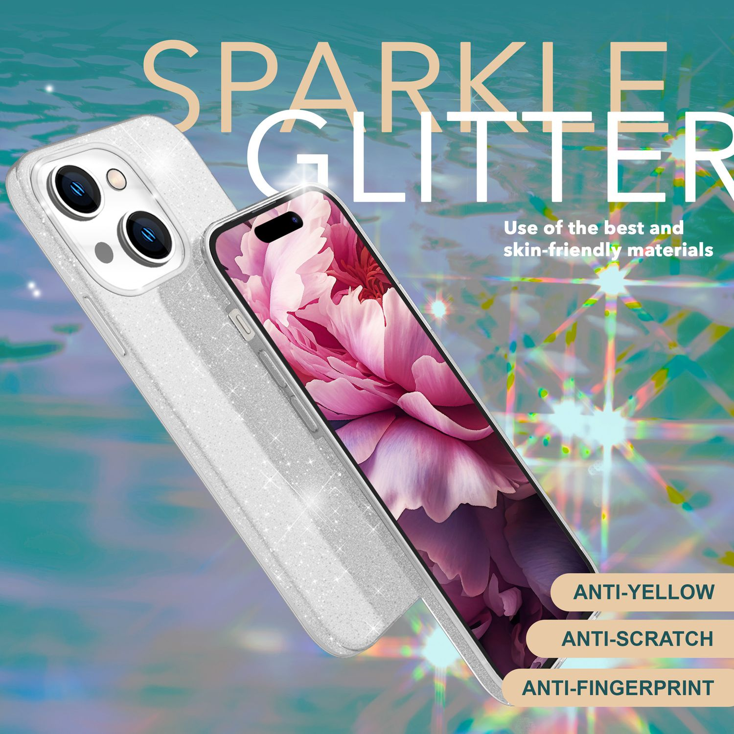 Handyhülle mit Glitzer, Telefon innen. Text: Glitzer, Anti-Kratz, Anti-Gelb, Anti-Fingerabdruck.