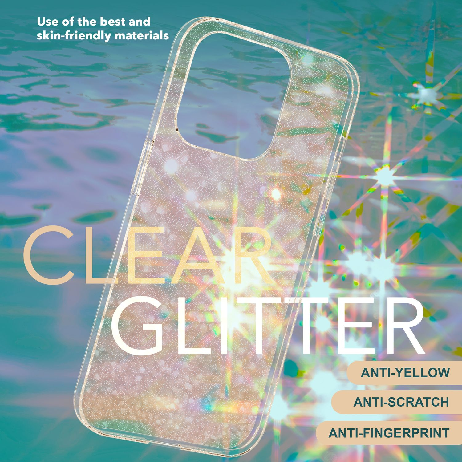 Transparente Glitzer-Handyhülle mit Text: CLEAR GLITTER, ANTI-YELLOW, ANTI-SCRATCH, ANTI-FINGERPRINT.