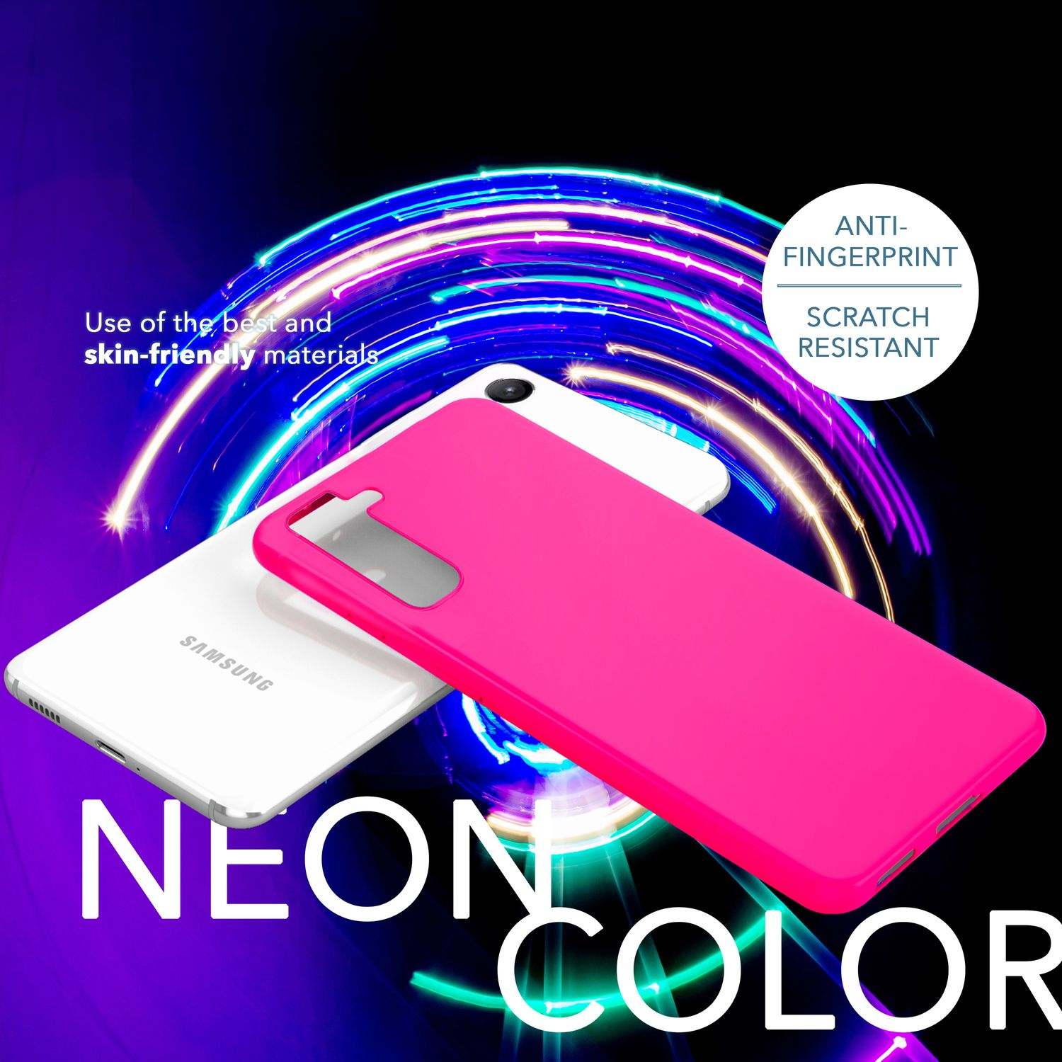 Rosa Handyhülle auf weißem Telefon, mit Neonfarben-Text und Anti-Fingerabdruck- und kratzfeste Etiketten.