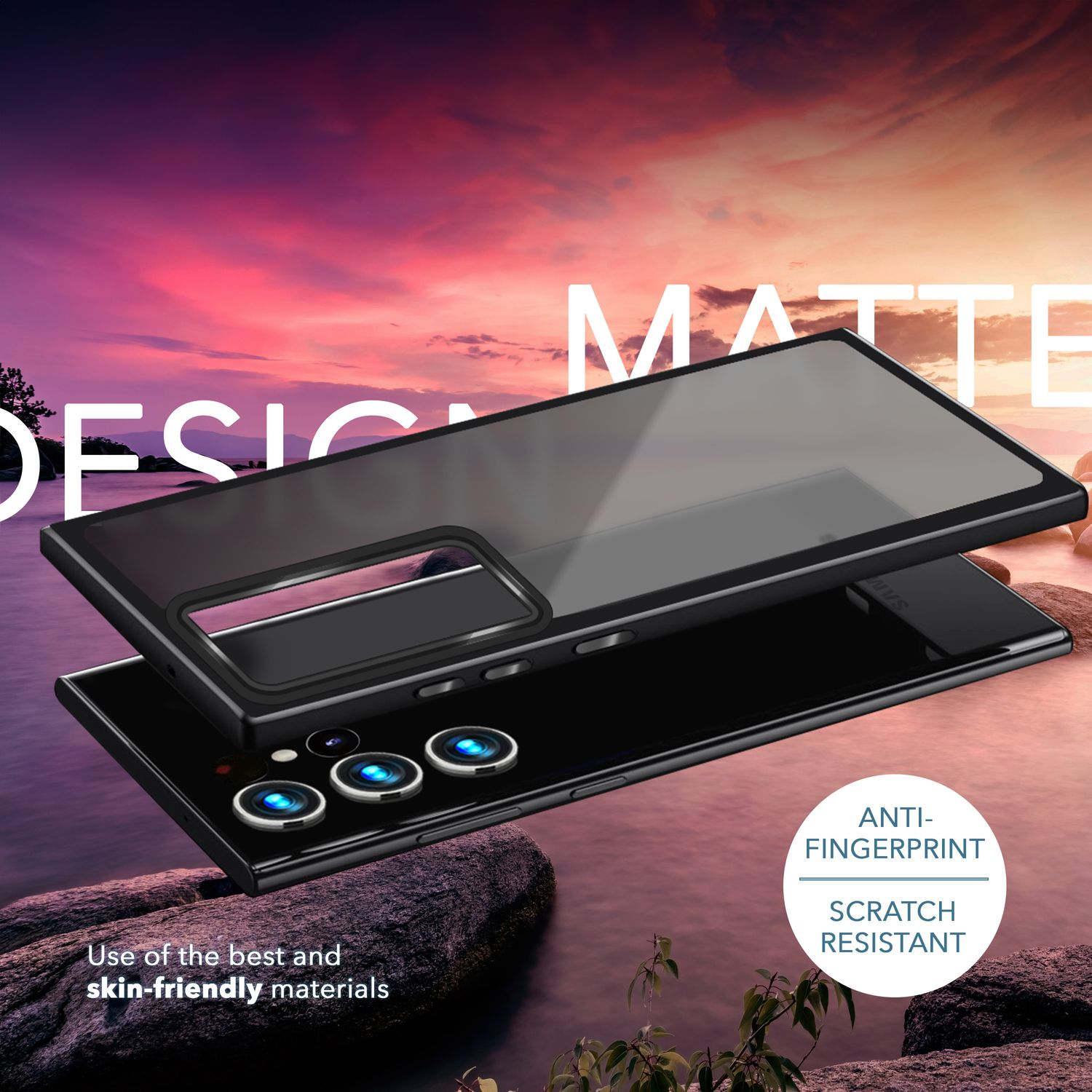 Telefonhülle über einem Telefon mit Sonnenuntergang im Hintergrund. Hülle ist klar, mit schwarzem Rahmen. Text: Design Matte. Eigenschaften: Anti-Fingerabdruck.