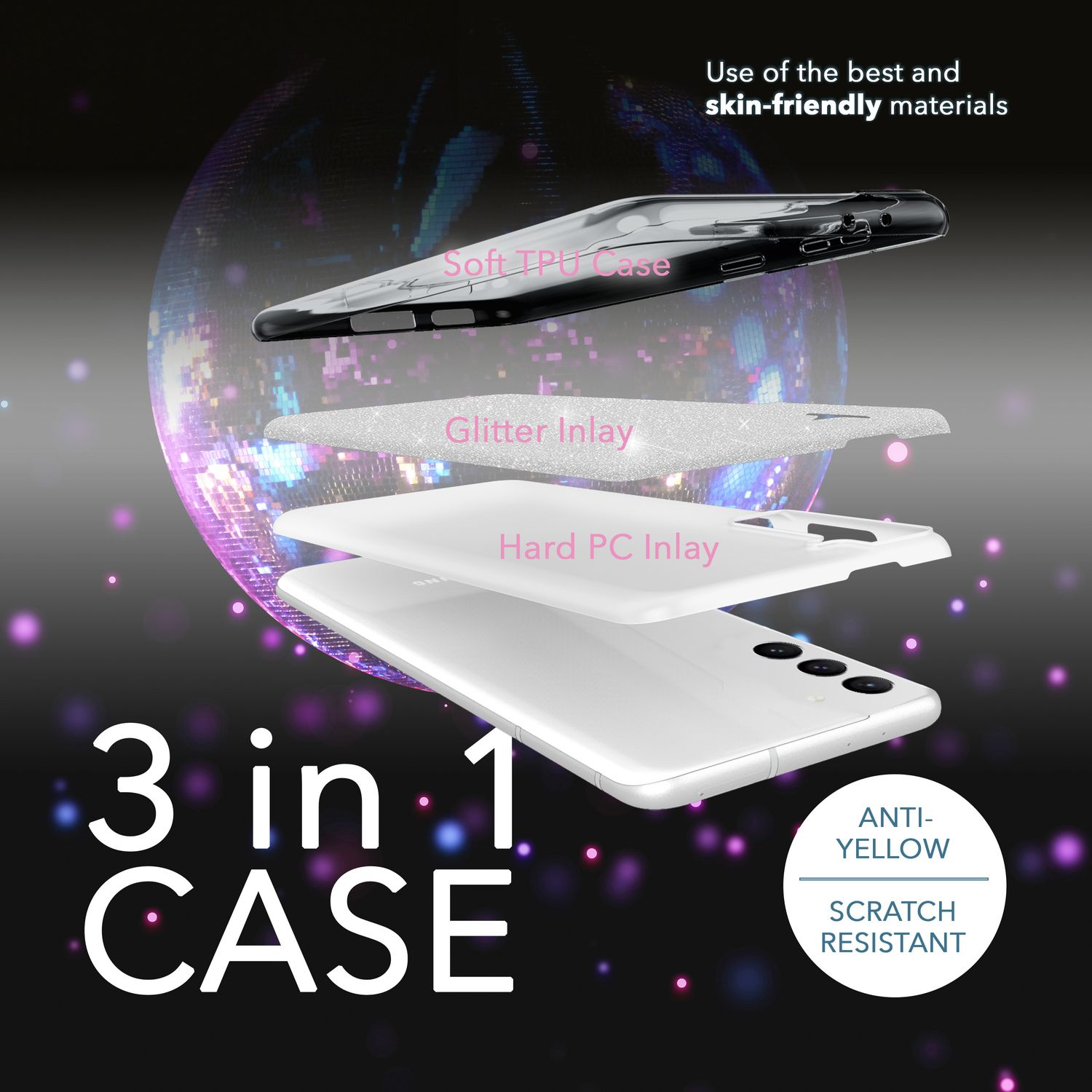 Dreischichtige Handyhülle. Schichten sind: weiches TPU, Glitzer-Inlay und hartes PC-Inlay. Text: 3 in 1 Case.