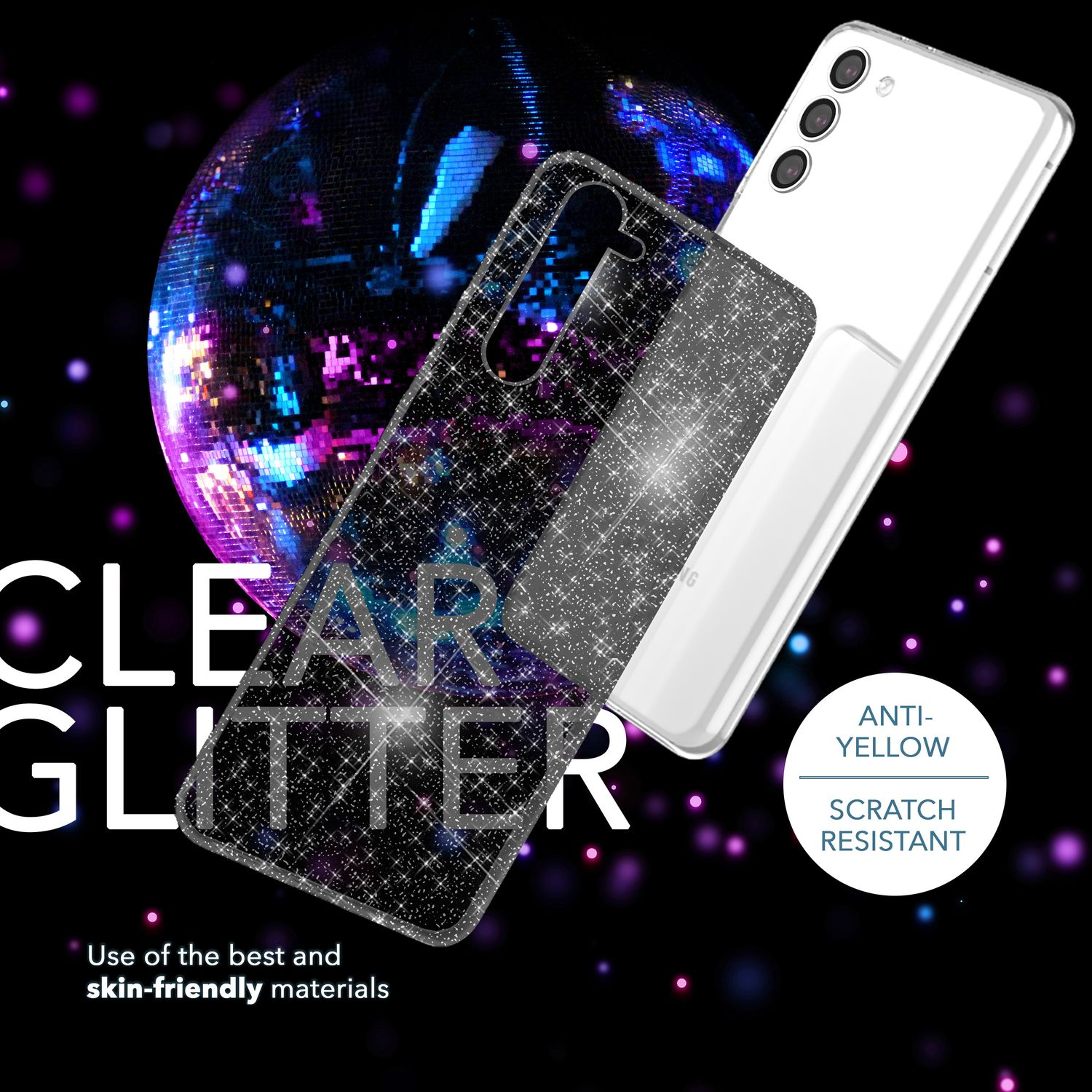 Transparente Glitzer-Handyhülle mit einem Samsung-Telefon, mit Text über die Materialien.