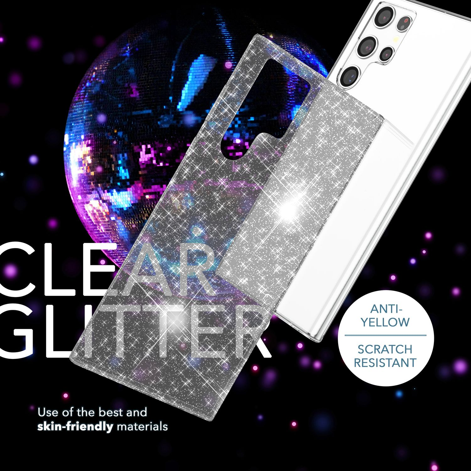 Transparente Handyhülle mit Glitzer, Telefon dahinter, mit Text.