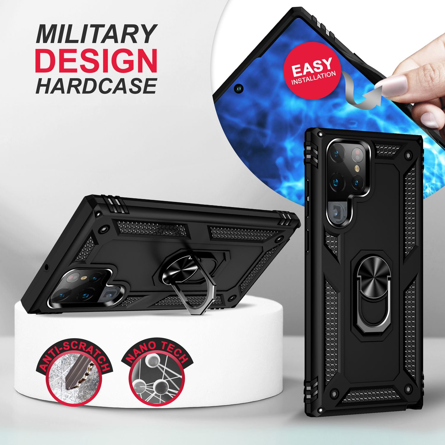 Schwarze Handyhülle mit Ringhalterung. Text lautet 'Military Design Hardcase'. Enthält 'Anti-Kratz'- und 'Nano Tech'-Etiketten.