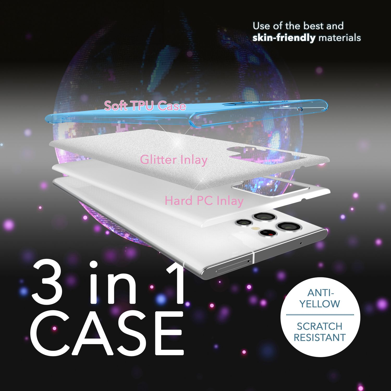 Handyhüllen-Schichten: Weiches TPU, Glitzer-Inlay, Hart-PC-Inlay und ein weißes Handy. Text: 3 in 1 CASE.