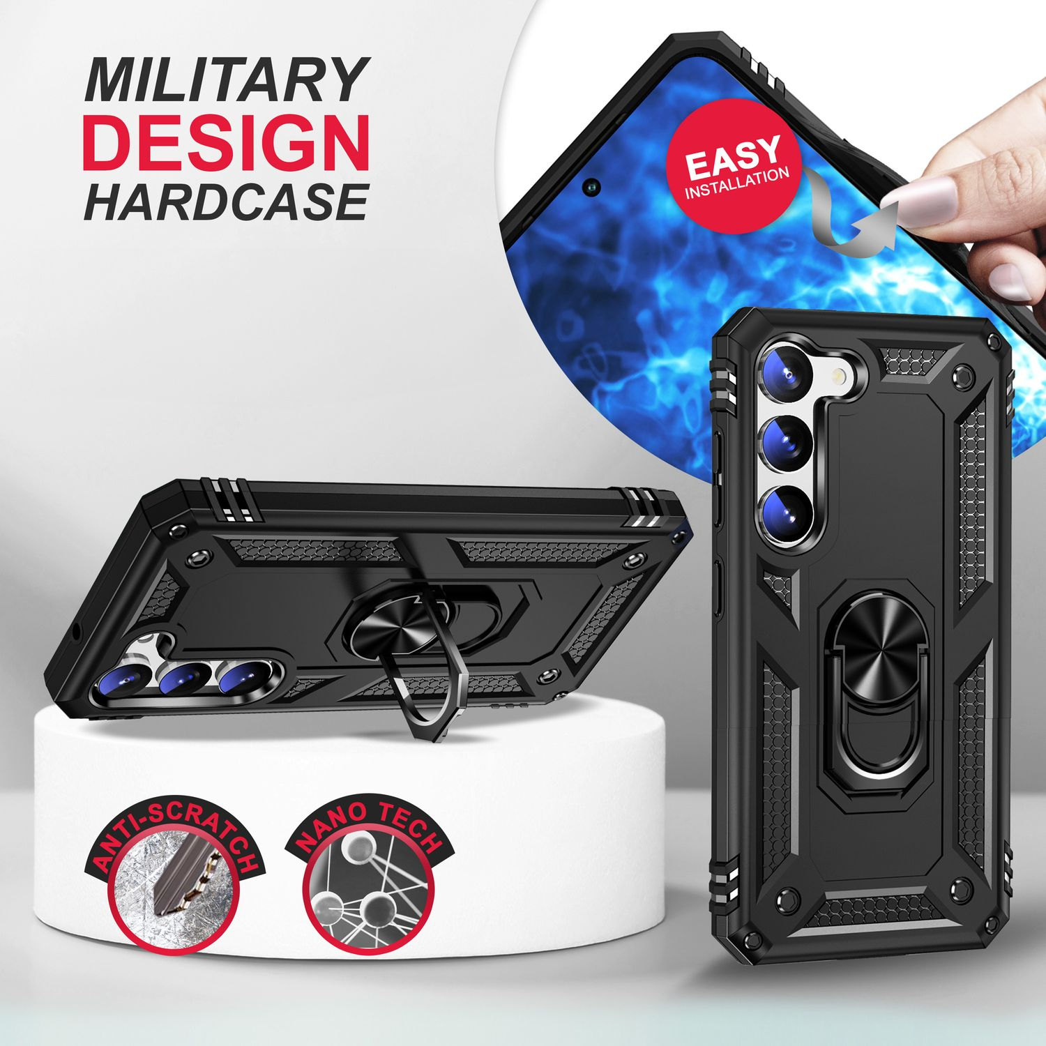 Schwarze Handyhüllen im Militärdesign. Eine Hülle wird von einer Hand gehalten. Merkmale sind Anti-Kratz- und Nano-Tech-Etiketten.