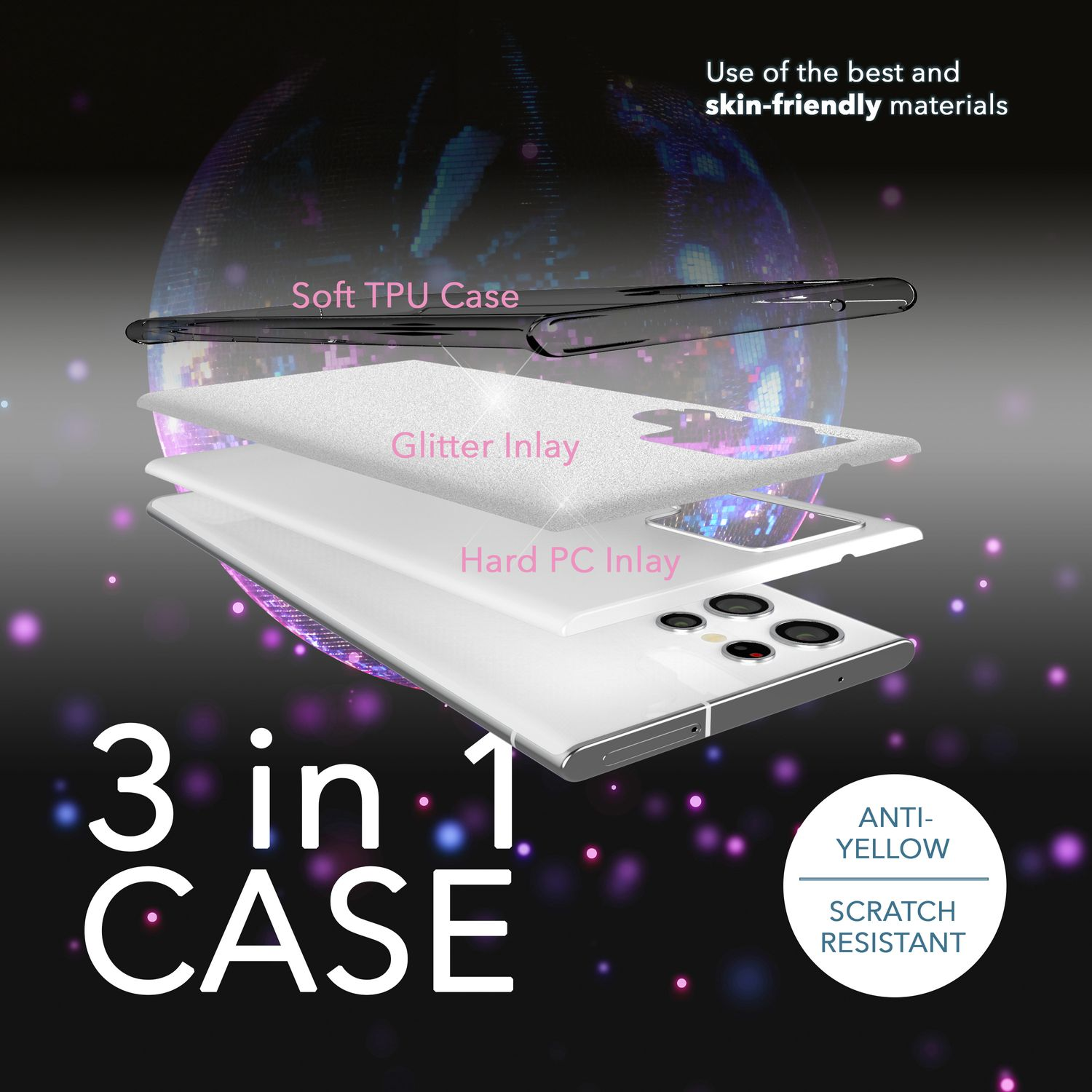 Diagramm einer 3-in-1-Handyhülle mit Schichten, Text: Soft TPU Case.