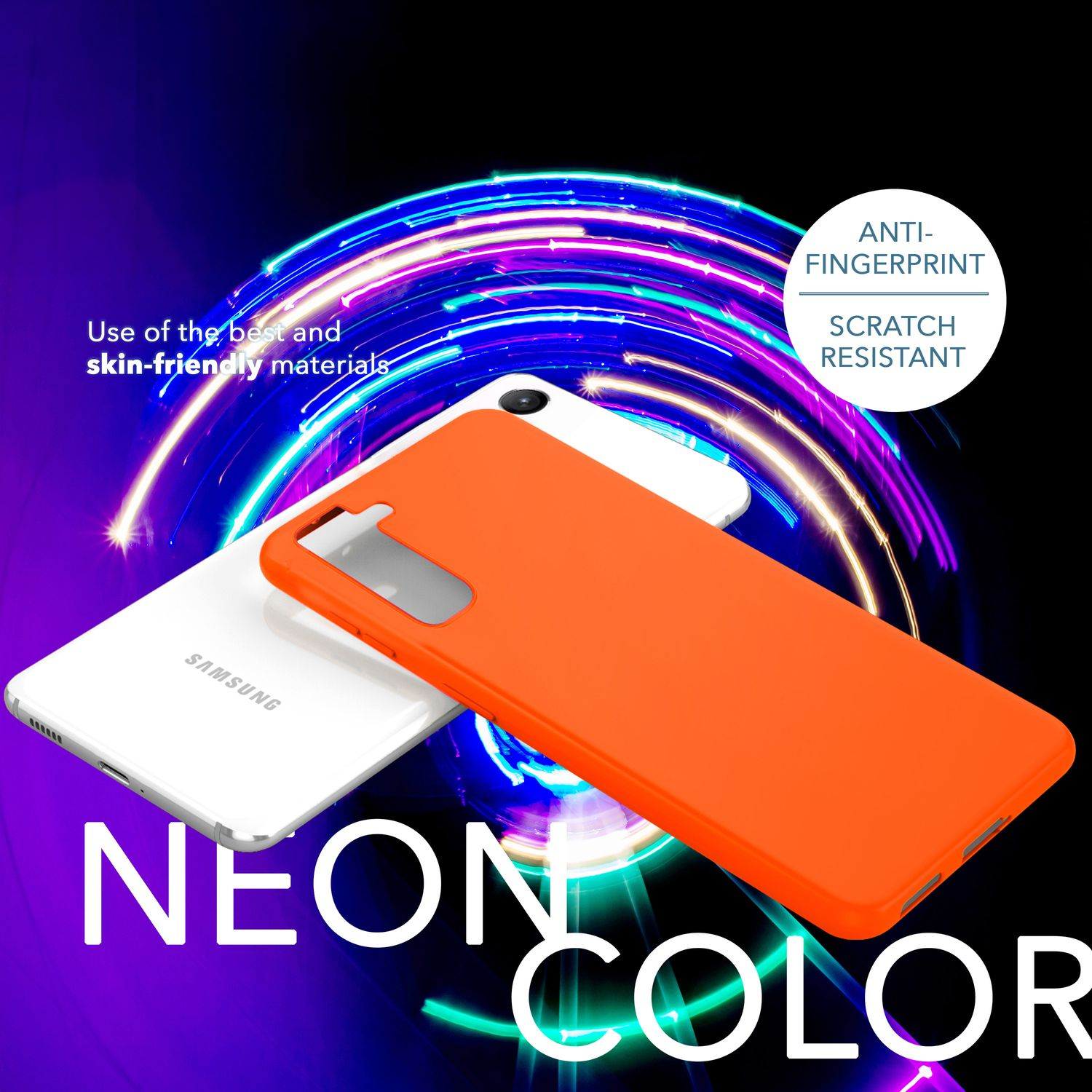 Orangefarbene Handyhülle und ein weißes Samsung-Telefon, mit Text über Funktionen und Materialien.