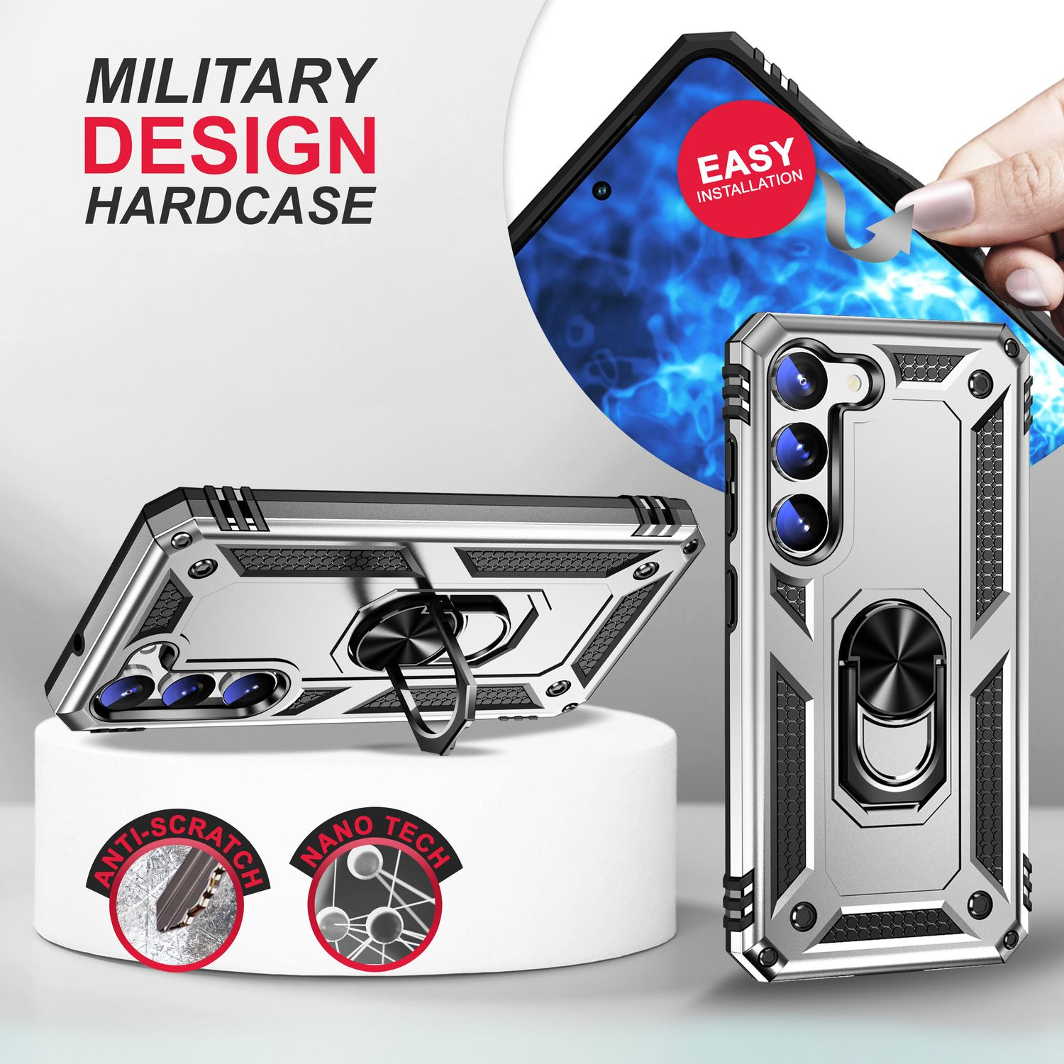 Silberne Handyhülle mit Ringständer. Text: Militärdesign Hardcase, Anti-Kratz, und Nano-Tech. Einfache Installation.