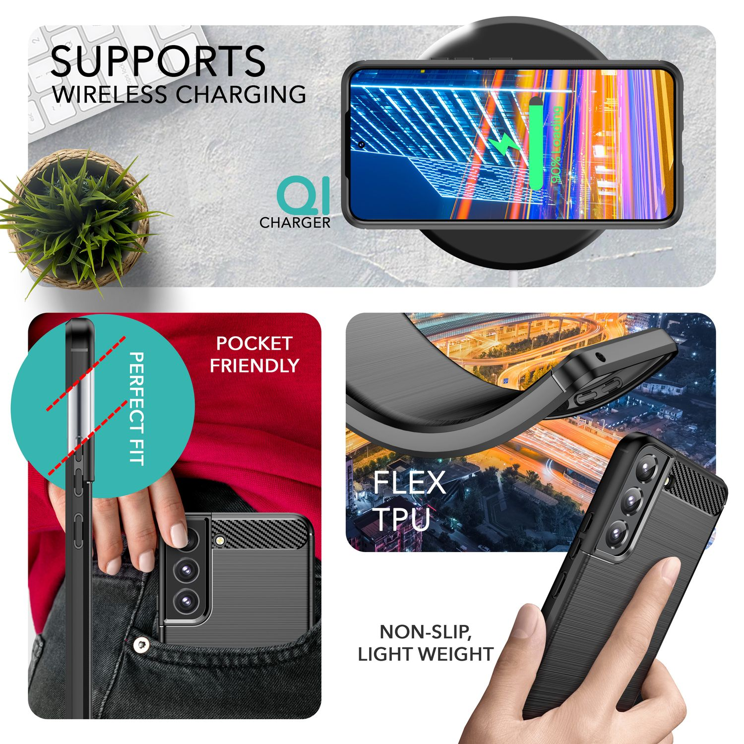 Telefon in der Tasche. Kabelloses Ladegerät mit Telefon. Hülle Eigenschaften und Text.