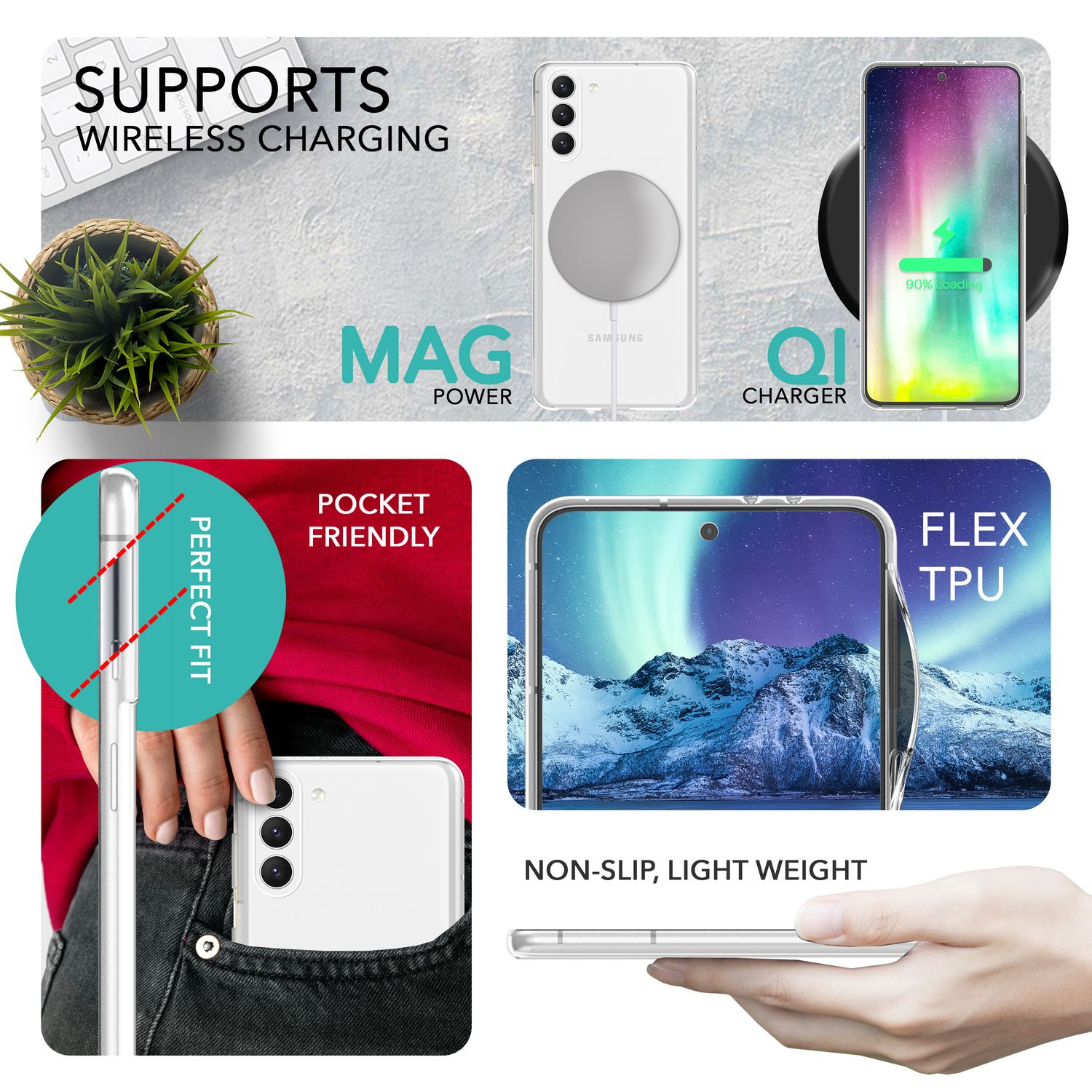 Múltiples imágenes de una funda blanca para teléfono que demuestran características como carga inalámbrica y ajuste de bolsillo.