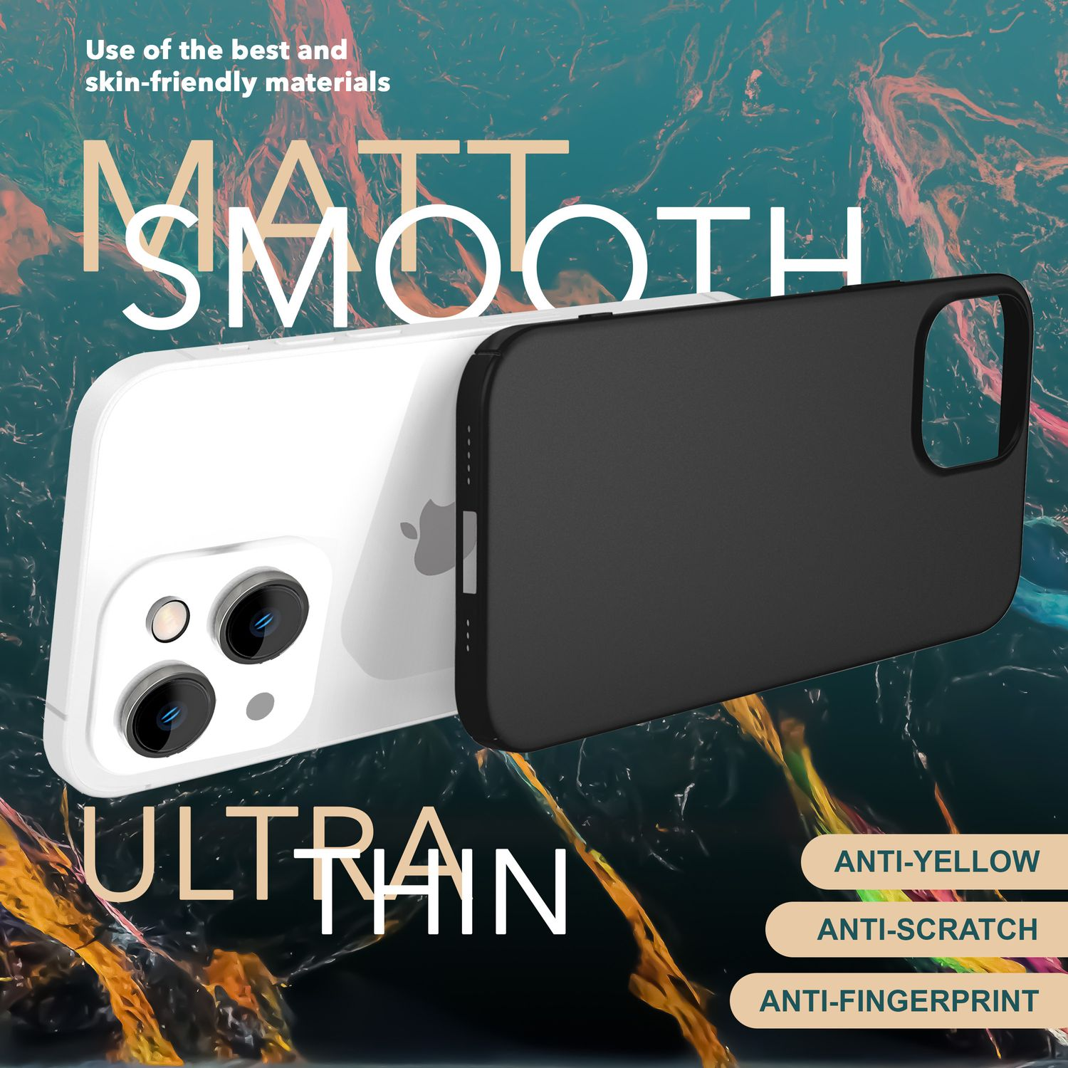 Custodie per telefono bianche e nere, una sopra l'altra. Il testo indica 'MATT SMOOTH' e 'ULTRA THIN'.