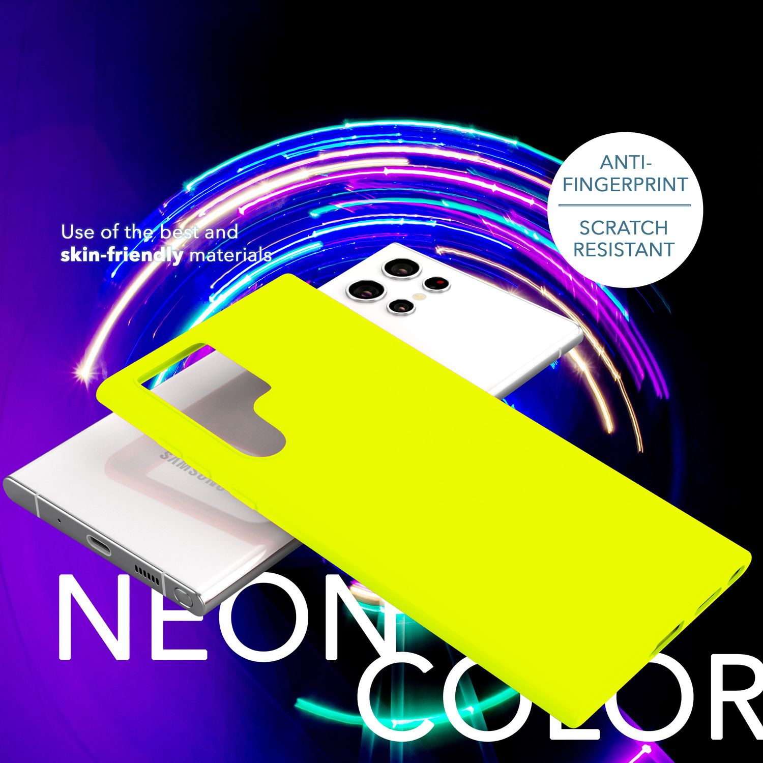 Eine neongelbe Handyhülle neben einem weißen Telefon. Text: Neonfarbe, Anti-Fingerabdruck, kratzfest.