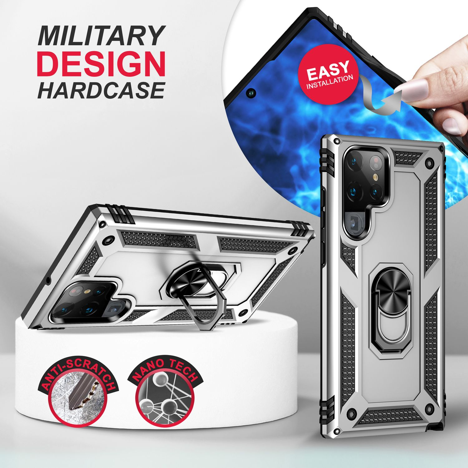 Eine silber-schwarze Handyhülle mit Ringhalterung. Auf der Hülle steht 'MILITARY DESIGN HARDCASE', mit 'ANTI-SCRATCH' und 'NANO TECH'.