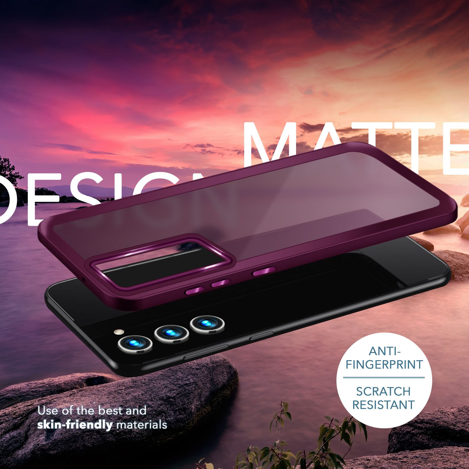 Handyhülle mit Design. Die Hülle ist lila, hat ein schwarzes Telefon und Text, der Anti-Fingerabdruck sagt.