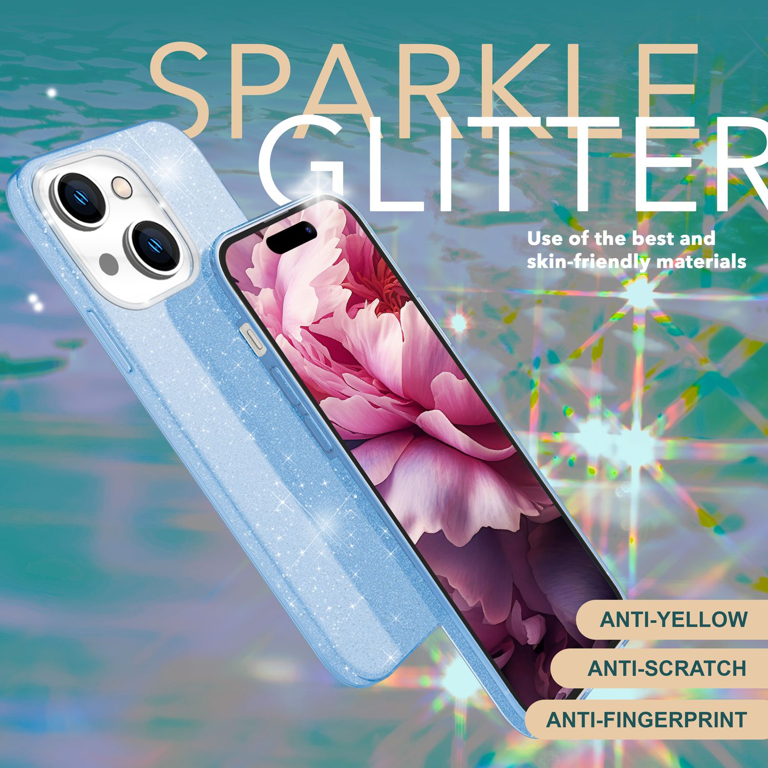 Telefon und Hülle, hellblaue Glitzerhülle mit Text, Anti-Gelb-, Kratz- und Fingerabdruck-Etiketten.
