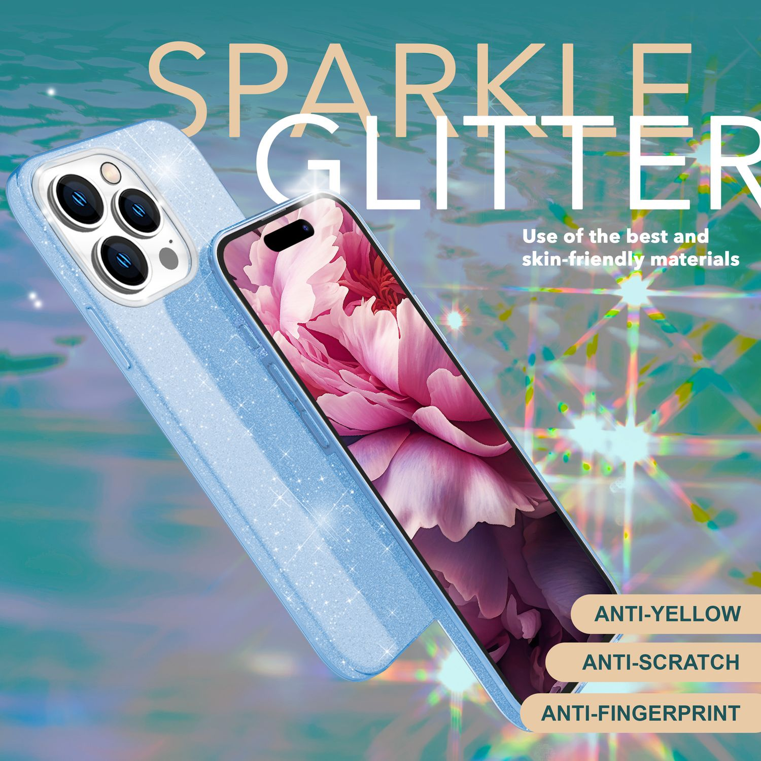 Blaue Glitzer-Handyhülle mit Blumenbild, Text: Sparkle Glitter, Anti-Gelb.