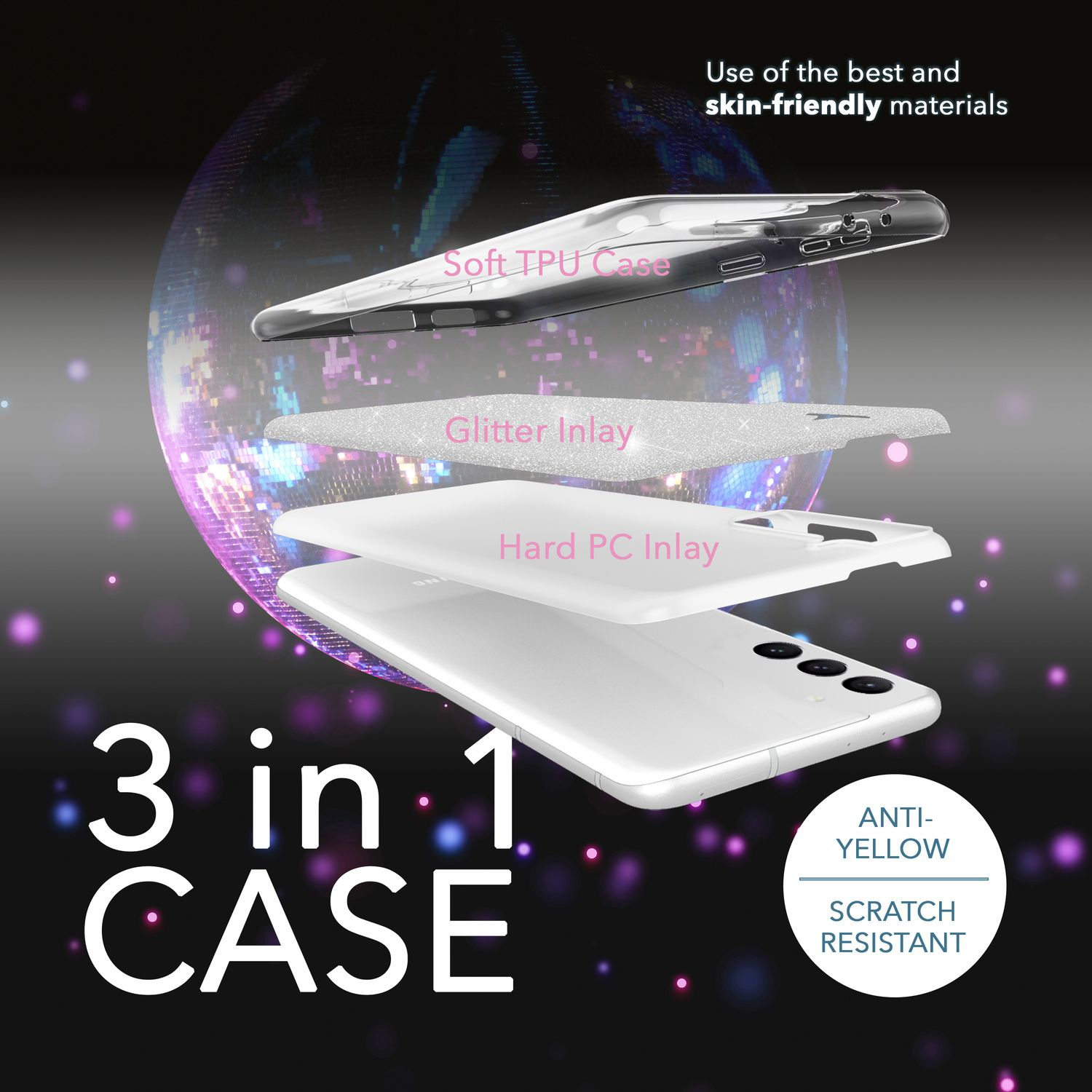 Diagramm einer Handyhülle mit drei Schichten: Weiches TPU, Glitzer-Inlay, Hart-PC-Inlay. Text: 3 in 1 CASE.