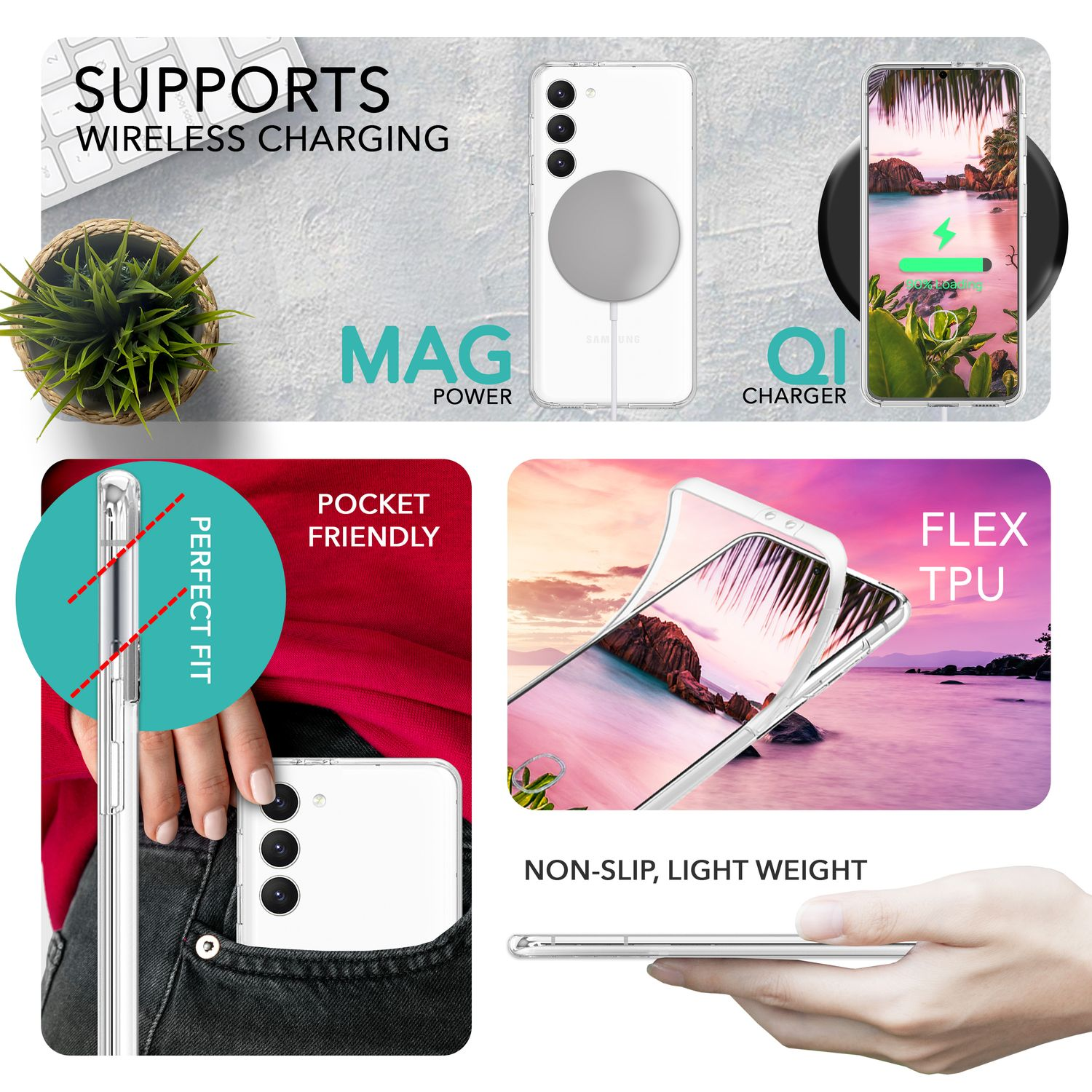 Handyhülle mit Telefon, Funktionen: kabelloses Laden, taschenfreundlich, und Flex-TPU.