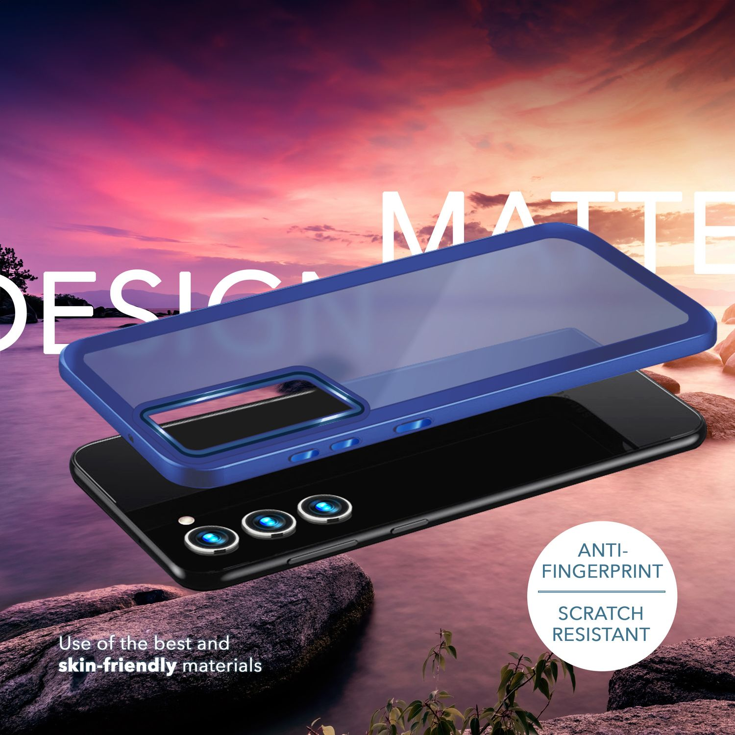 Blaue Telefonhülle über einem schwarzen Telefon, vor einem Sonnenuntergangshintergrund. Text: 'DESIGN MATTE' und 'ANTI-FINGERPRINT'.
