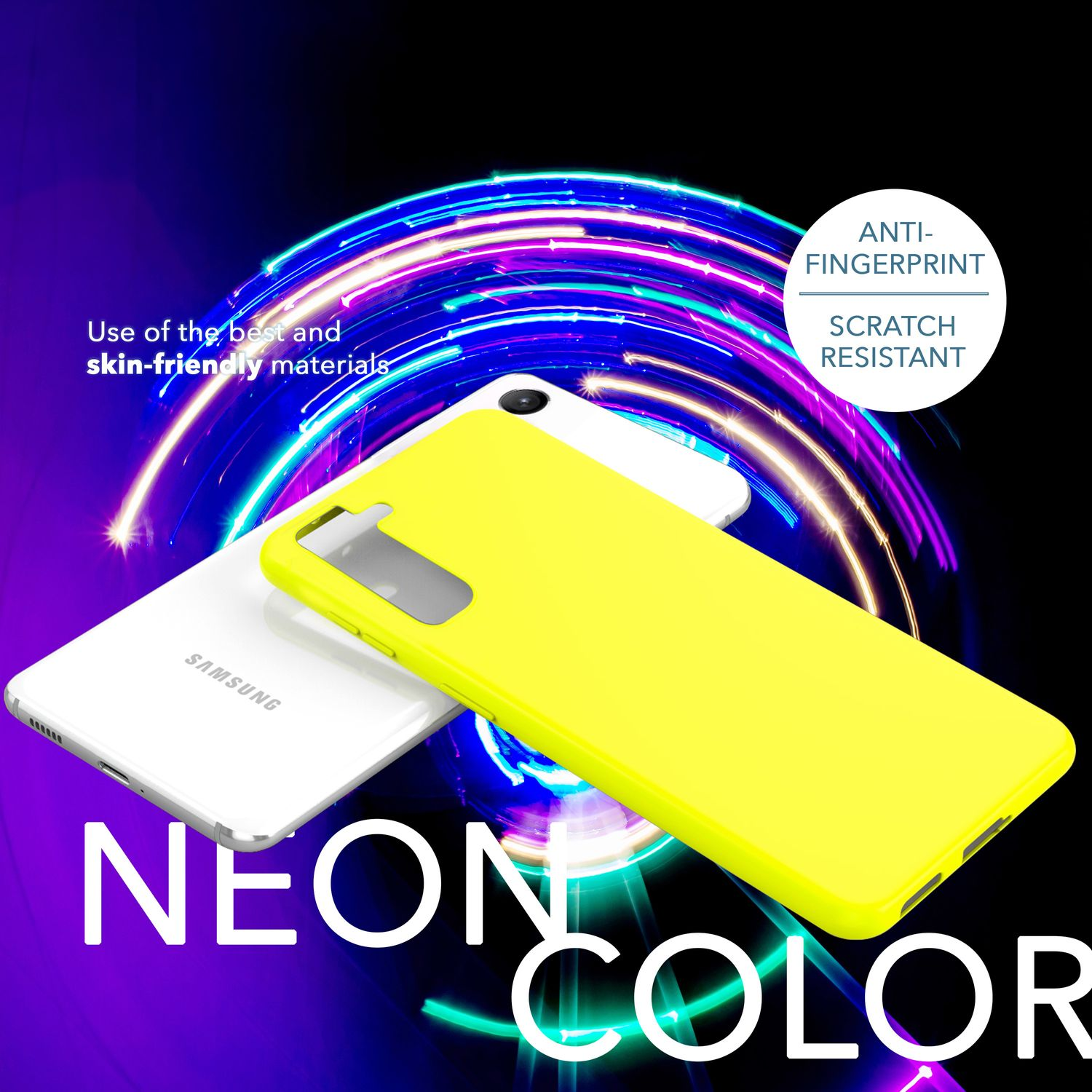 Gelbe Handyhülle und ein weißes Handy. Neonfarbener Text: Anti-Fingerabdruck, kratzfest.