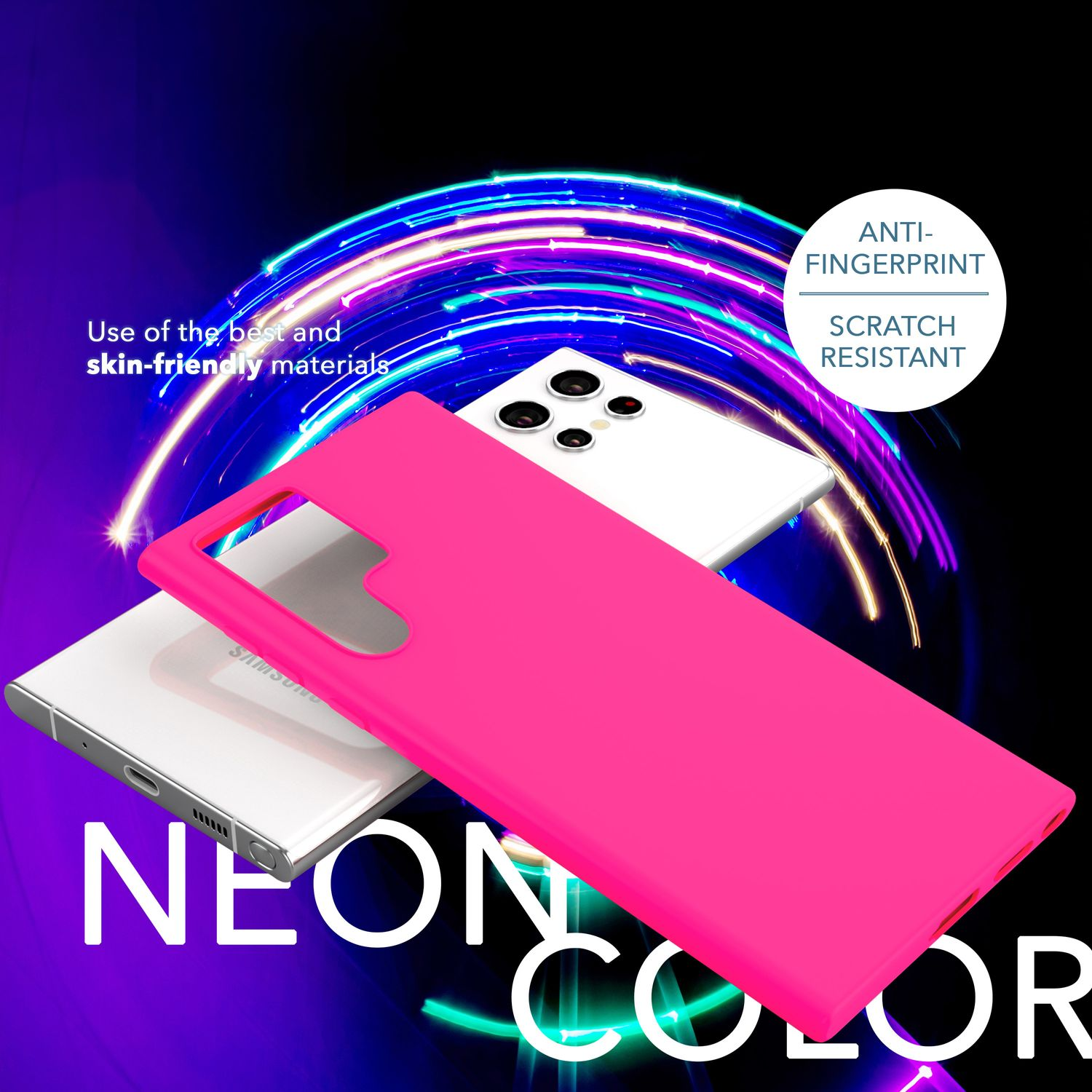 Pinkfarbene Handyhülle über zwei Handys. Neonfarbenes Design. Eigenschaften 