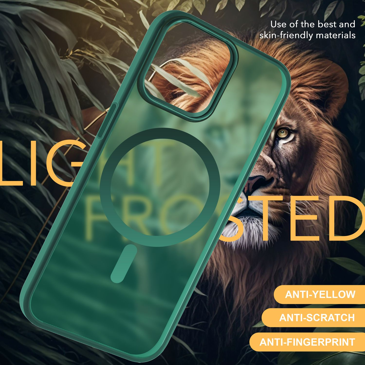 Eine transparente, grüne Handyhülle mit einem Löwenbild im Hintergrund. Text beschreibt Anti-Gelb, Anti-Kratzer, Anti-Fingerprint.