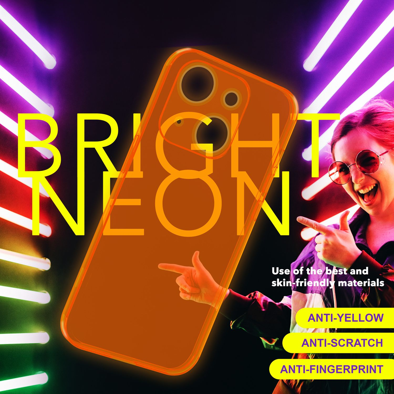 Una funda de teléfono naranja neón brillante con las palabras 'BRIGHT NEON' y una mujer sonriendo en el fondo.