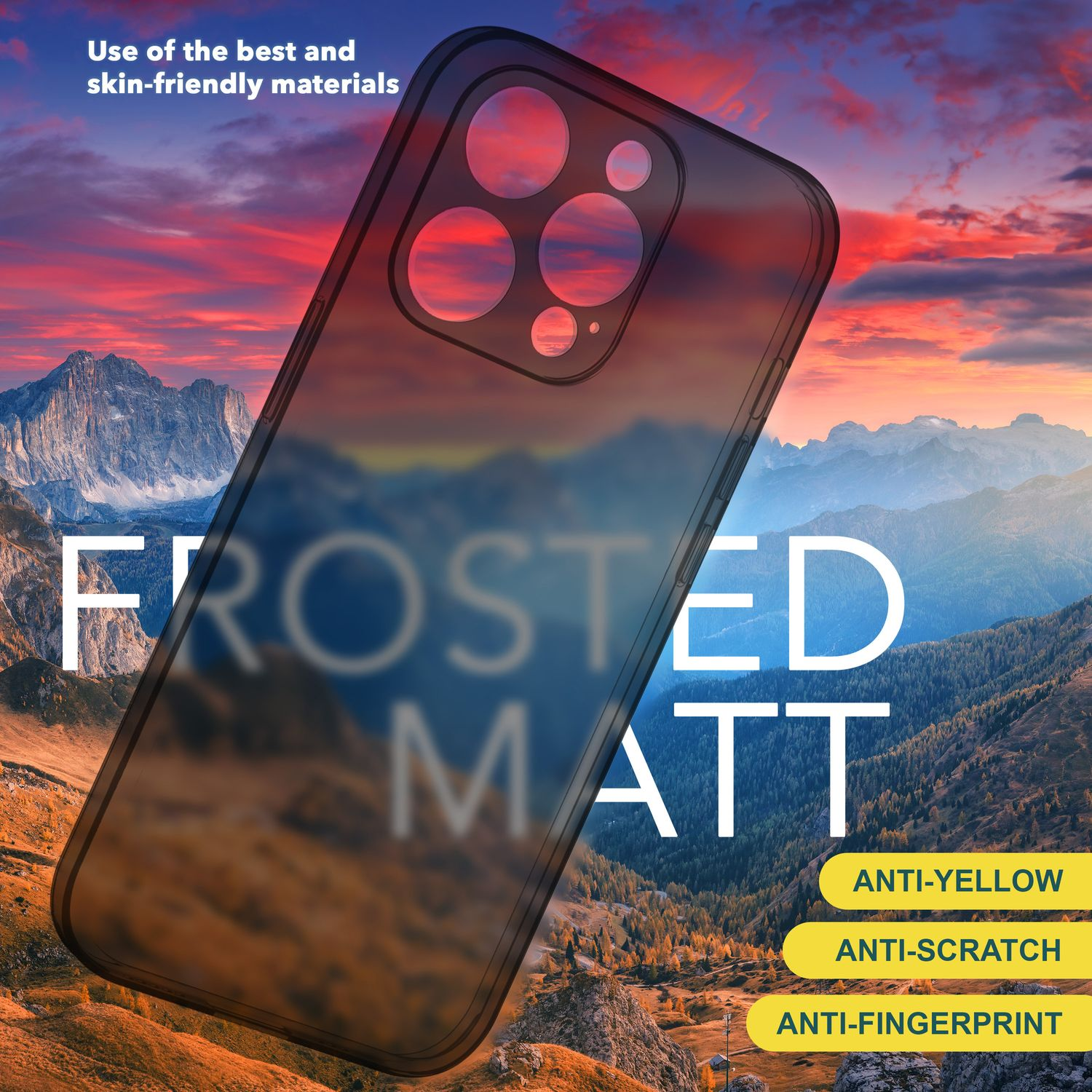 Una custodia per telefono su uno sfondo montano. Testo: FROSTED MATT, ANTI-GIALLO, ANTI-GRAFFIO, ANTI-IMPRONTE.