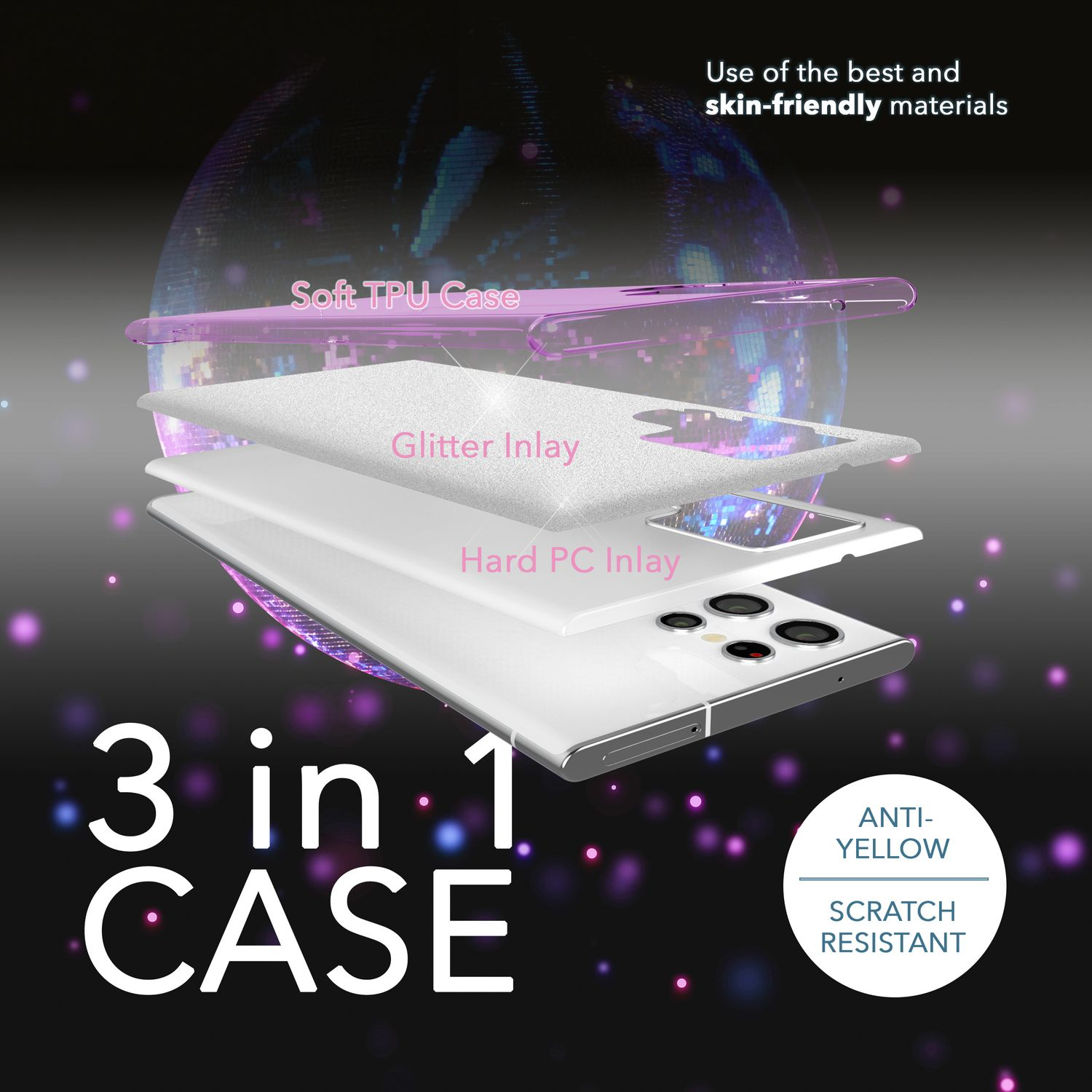3-in-1-Handyhülle: TPU, Glitzer-Inlay und Hart-PC. Weißes Telefon im Vordergrund.